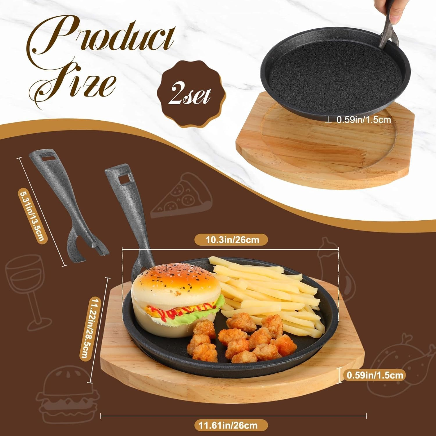 2 Set Cast Iron Fajita Plate Set with Wooden Base anti Scald Protection Removable Handle Fajita Plate Sizzling Pan Cast Iron Skillets Set for Home Restaurant Kitchen BBQ Cooking (10.3 Inch) image number 1