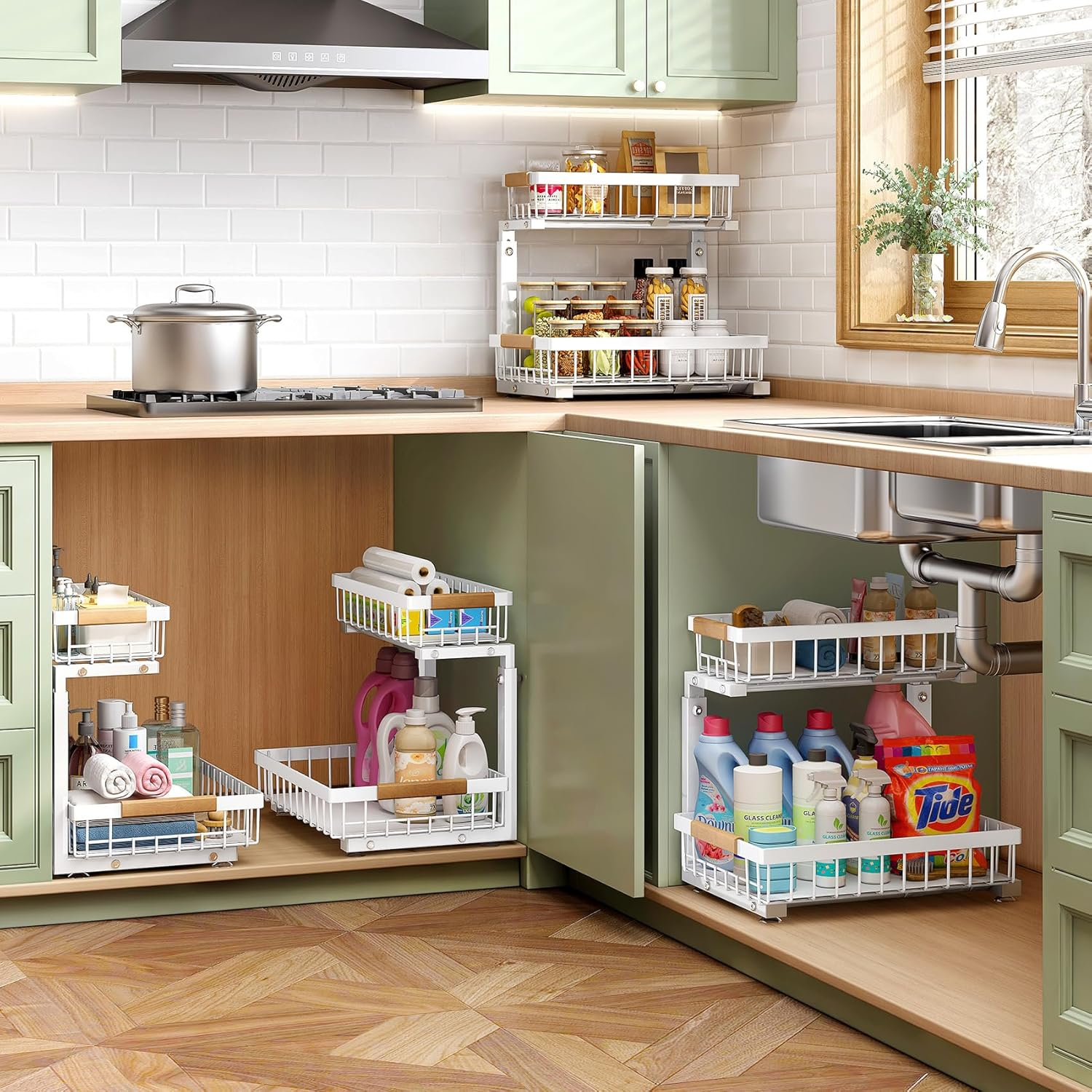 Kitstorack 2 Pack under Sink Storage, 2 Tier Metal Pull Out Kitchen under Sink Organiser, Kitchen Storage & Organisation under Cupboard Storage for Kitchen Bathroom Cabinet Organization Rack,White