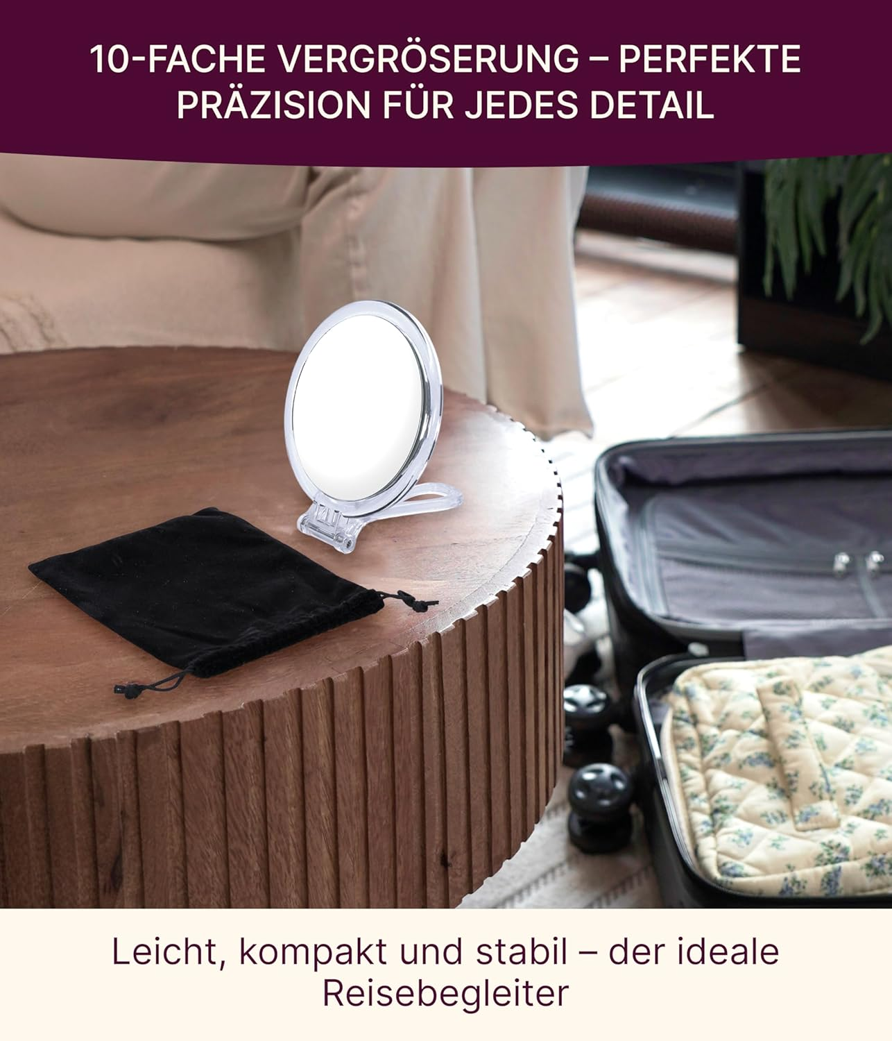 Fantasia Travel Mirror Acrylic Foldable: Double-Sided Makeup Mirror with 10X Magnification, Cosmetic Mirror with Handle, Make up Mirror Small with Gift Case Made of Velvet - Compact Mirror Clear - 16 Cm image number 5