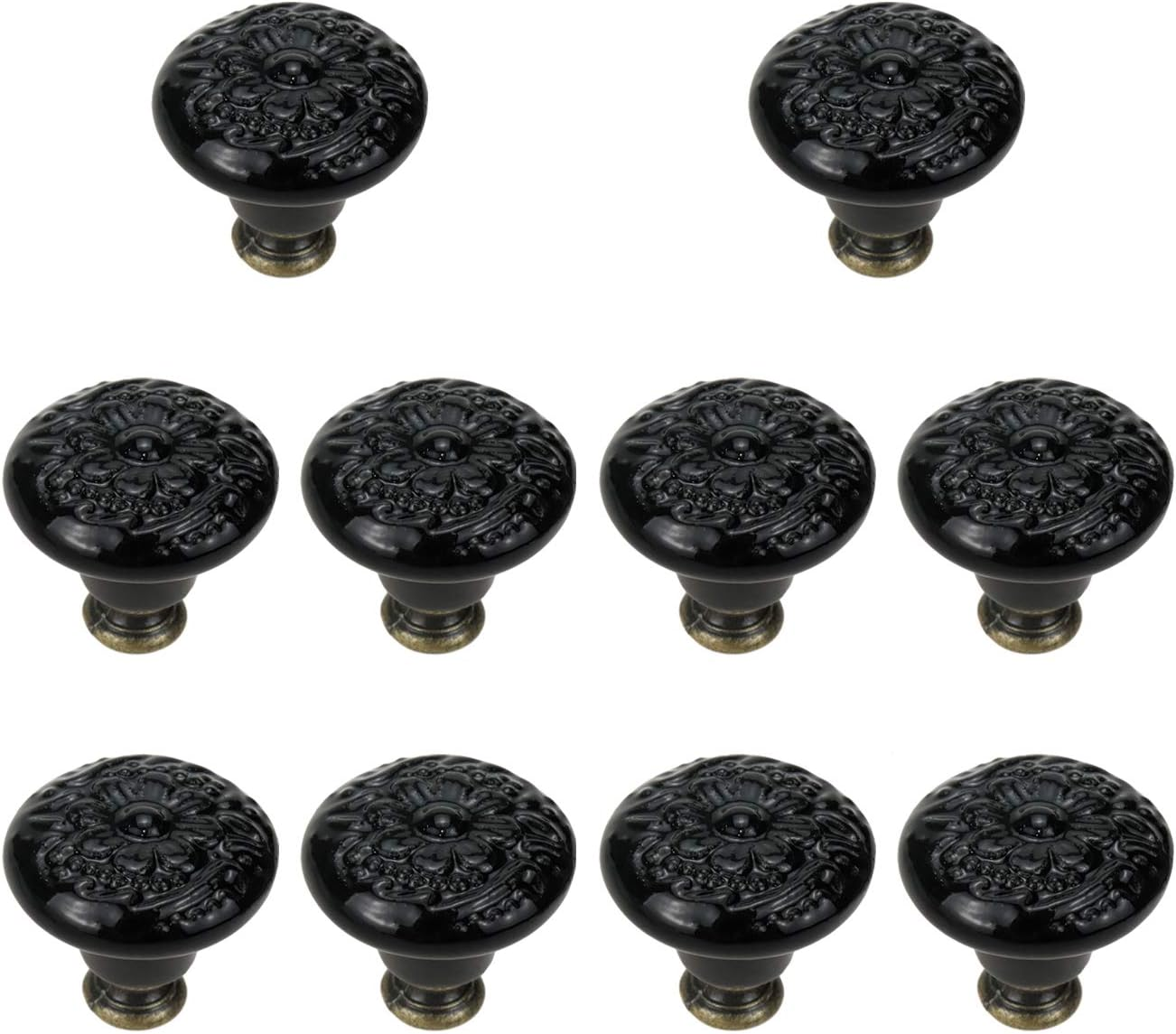 Geesatis 10 Pcs Black Retro Ceramic Knobs Cabinet Furniture Handles Home Kitchen Door Pulls, Single Hole round Knob, with Mounting Screws, Diameter 1.4"