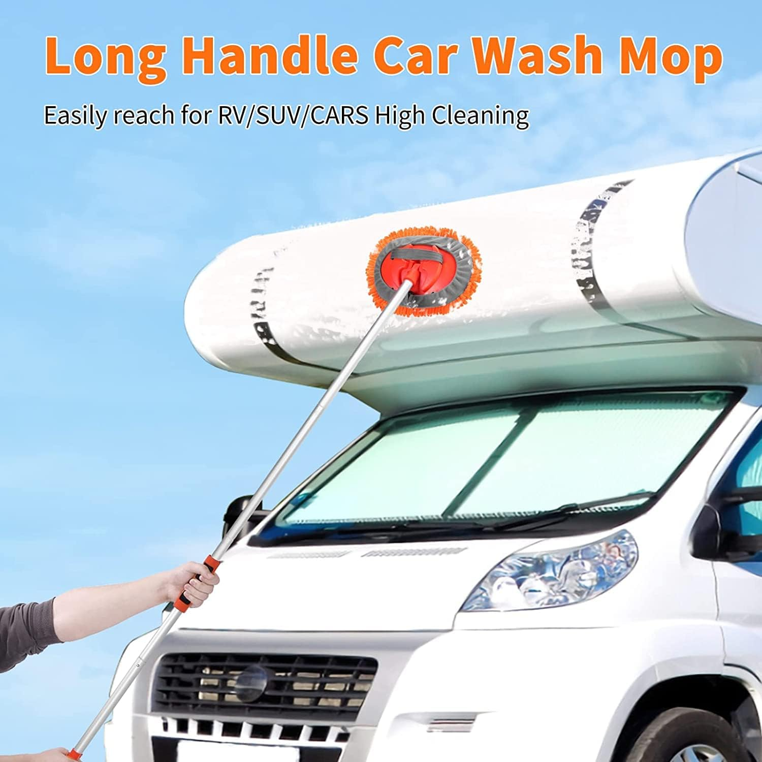 Wontolf 62'' Car Wash Brush with Long Handle Chenille Microfiber Car Wash Mop Car Washing Brush Cleaning Kit Windshield Window Squeegee Car Duster Microfiber Towels for Cars RV Truck Boat 9PCS - Orange image number 1