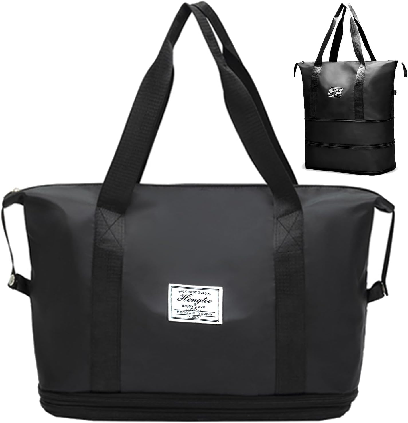 WUBAYI Travel Bag,Expandable Bilayer Overnight Bag Large Capacity Weekend Bag Dry & Wet Seperated Travel Bags for Women Foldie Travel Bag with Trolley Sleeve Duffel Bags for Women & Men, Black, L