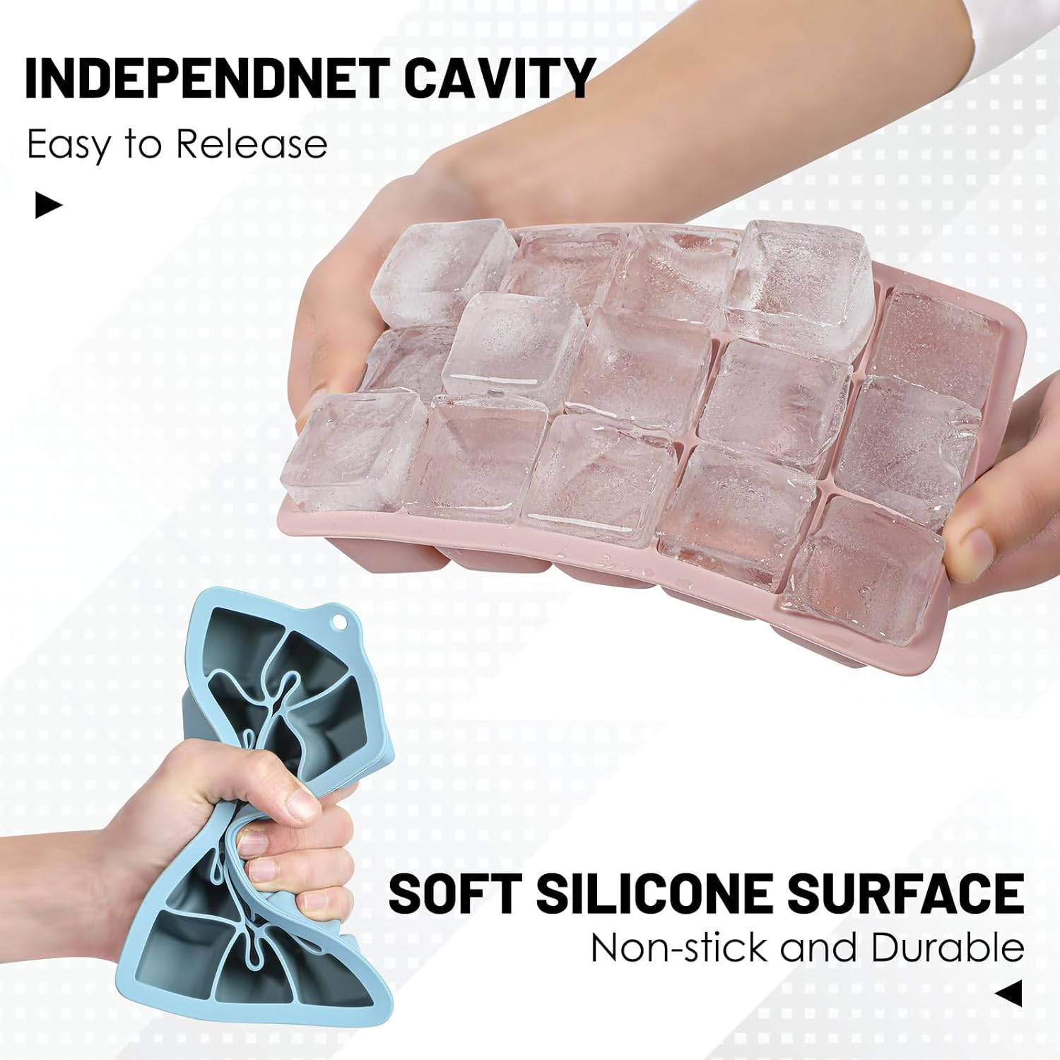 Ice Cube Trays Set of 3, Easy Release 15 Flexible Silicone Ice Cube Molds with Removable Lid Reusable Freezer Ice Trays Stackable for Whiskey, Baby Food (3, Blue+Grey+Pink) image number 6