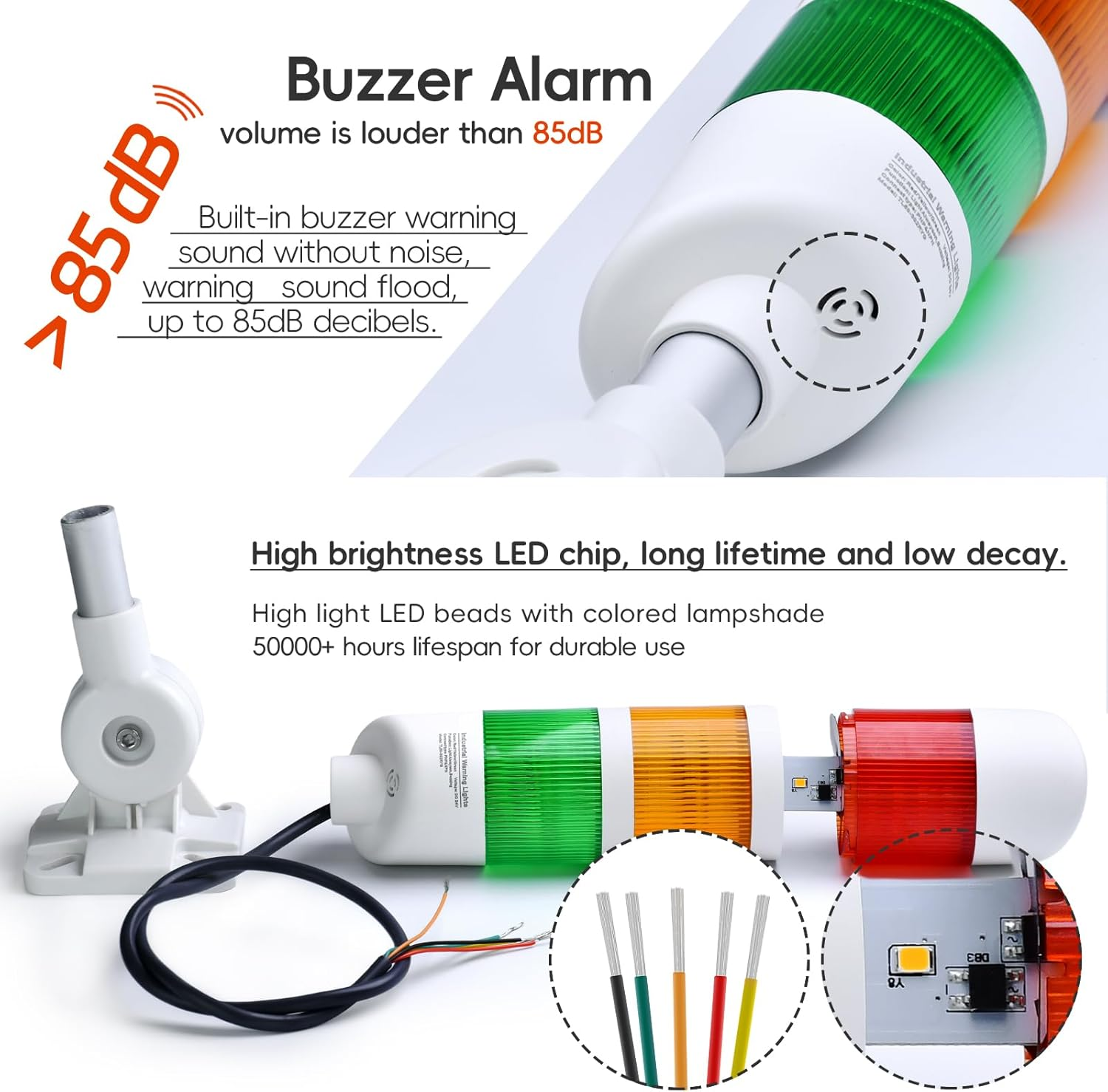 3-Layer Led Signal Tower Stack Lights, Industrial Signal Warning Lights, Column Tower Lamp with Rotatable Base Steady 24V DC/AC with Buzzer image number 5