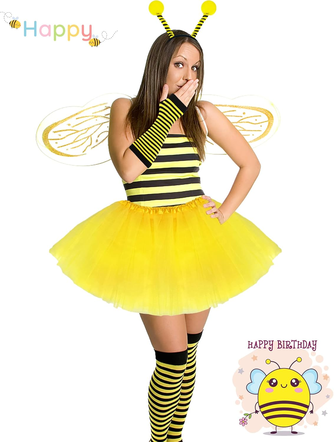Women'S Adult Bee Costume Set - 4Pcs Honeybee Costume Accessories with Antenna Headband, Tutu Skirt, Leg Warmers, Arm Warmers & Gloves - Yellow - One Size - Halloween image number 6