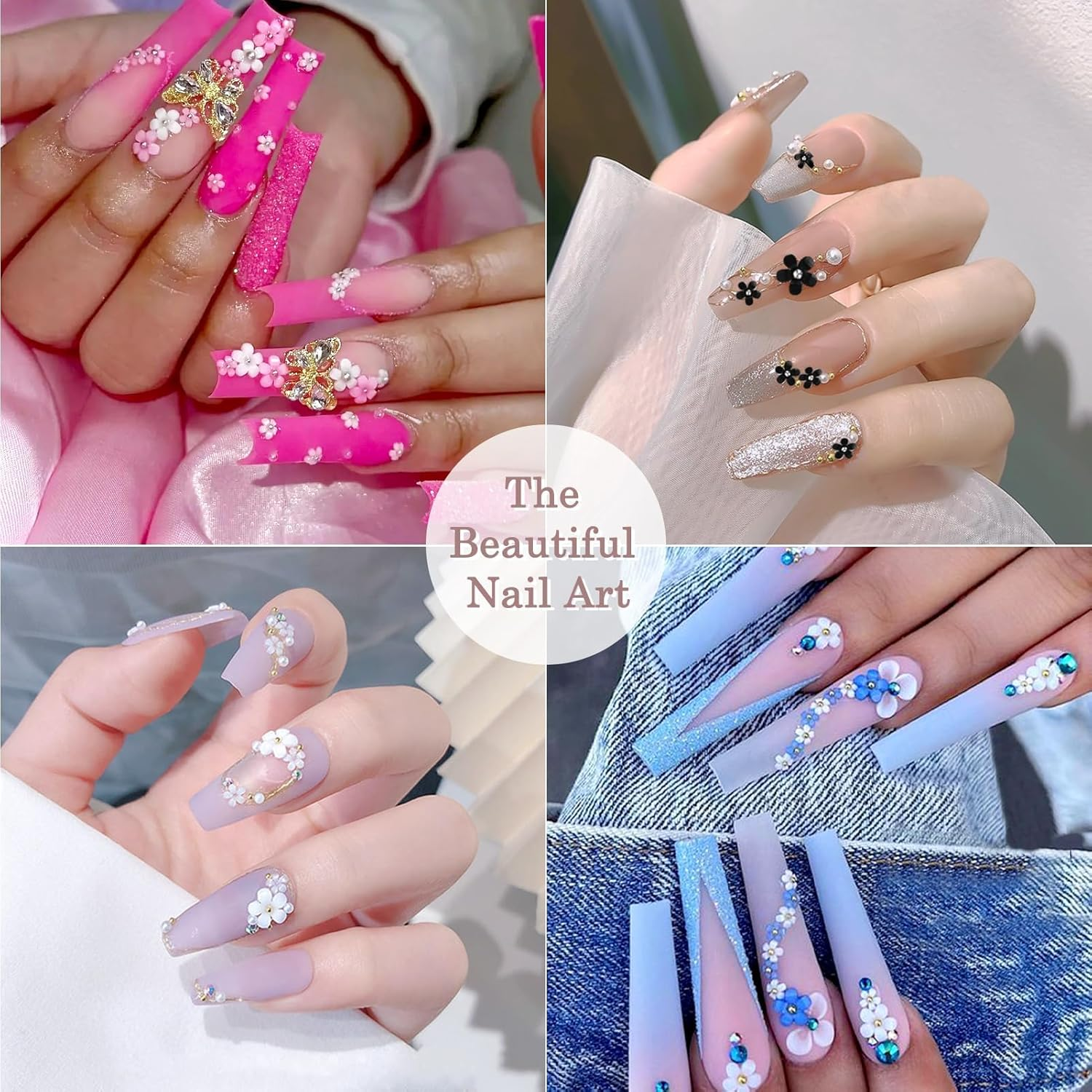 3D Flower Nail Charms, 3 Boxes 3D Acrylic Flower Nail Art Rhinestones with Gold Silver Pearl Beads Tweezers Included Spring Blossom Petal for DIY Nail Decorations image number 3