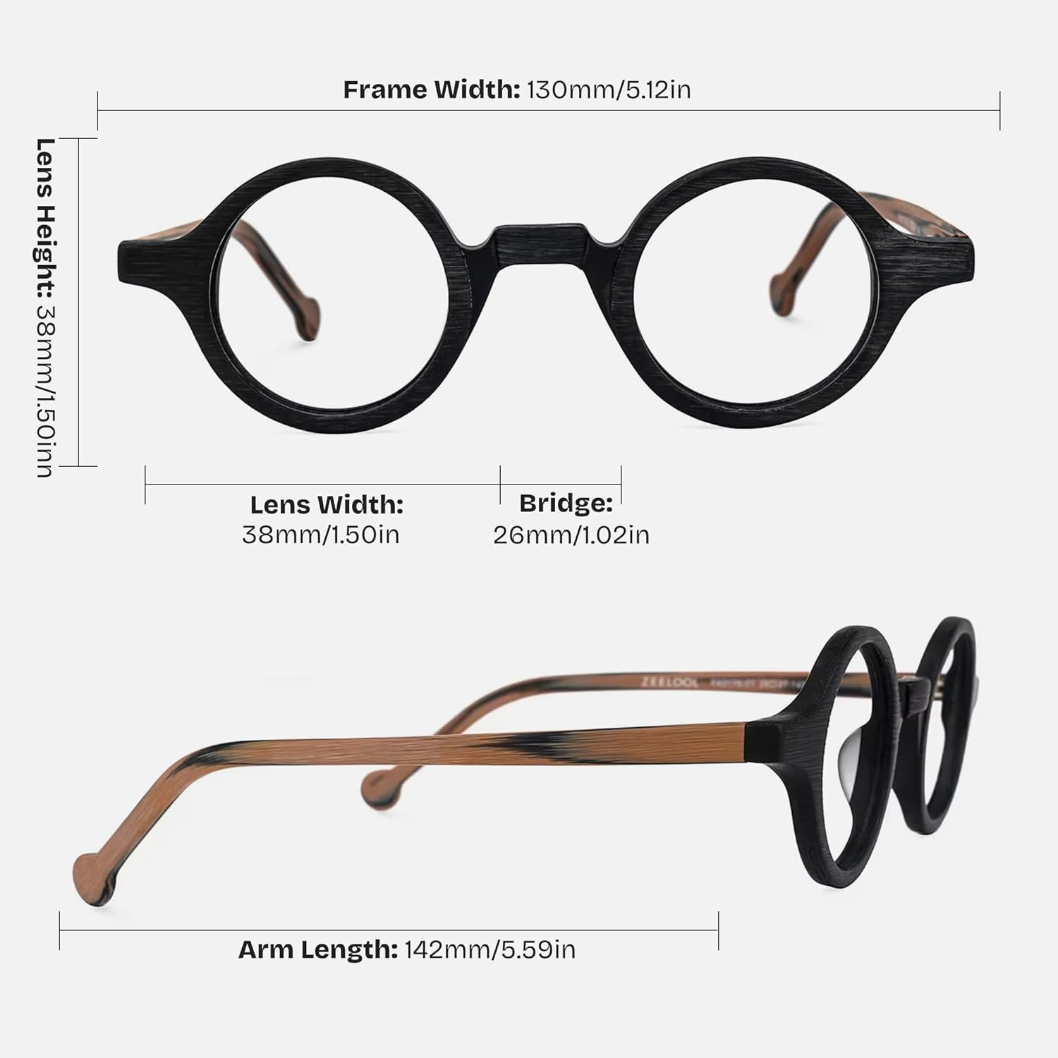 Zeelool Vintage Small round Blue Light Blocking Glasses for Men Women Wood Grain Acetate Eyewear Arale FA0176 - Clear Lens, Fa0176-03 Burnt Umber image number 7