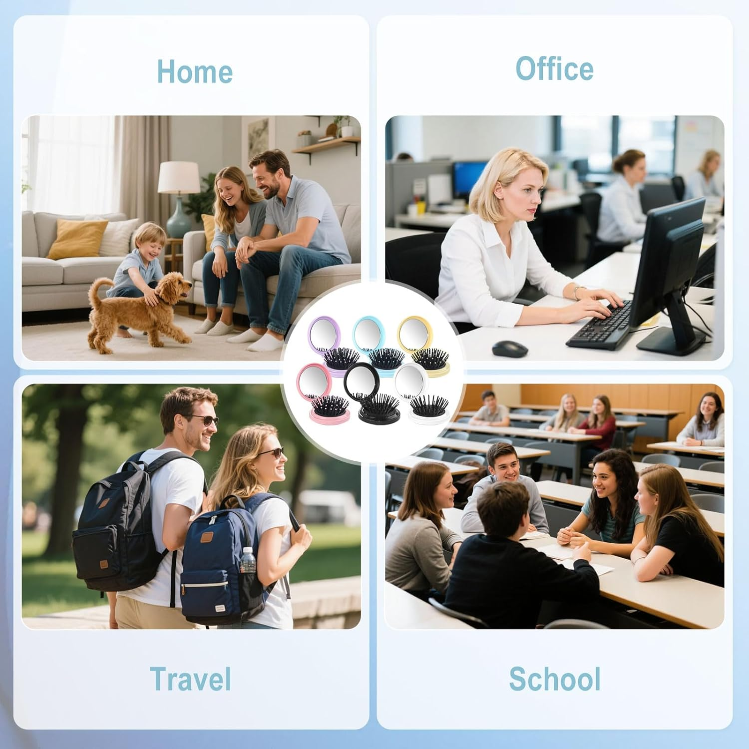 6 Colors Foldable Mirror Hairbrush, 2 in 1 Compact Pocket Mirror Comb in Bulk, with DIY Stickers, Travel Mini Hairbrush Makeup Mirror for Women Girls (6-PACK)