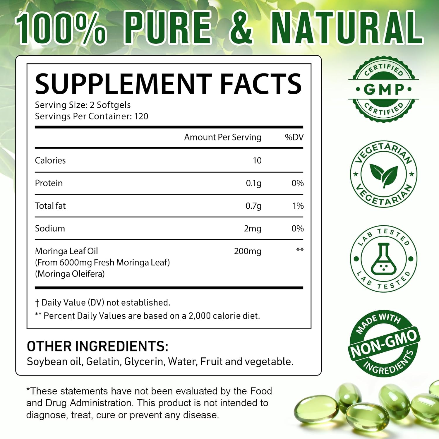 Moringa Softgels 6000Mg Equivalent | Plant-Based Moringa Leaf Extract | Gluten-Free, Dairy-Free, Egg-Free | Made for Daily Use | 240 Count image number 2
