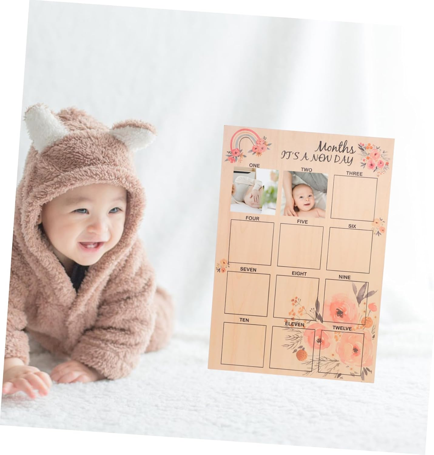 Newborn Milestone Photo Frame Months Growth Record Board Wooden Desktop Display for Keepsake Memories for Shower and Parents image number 2