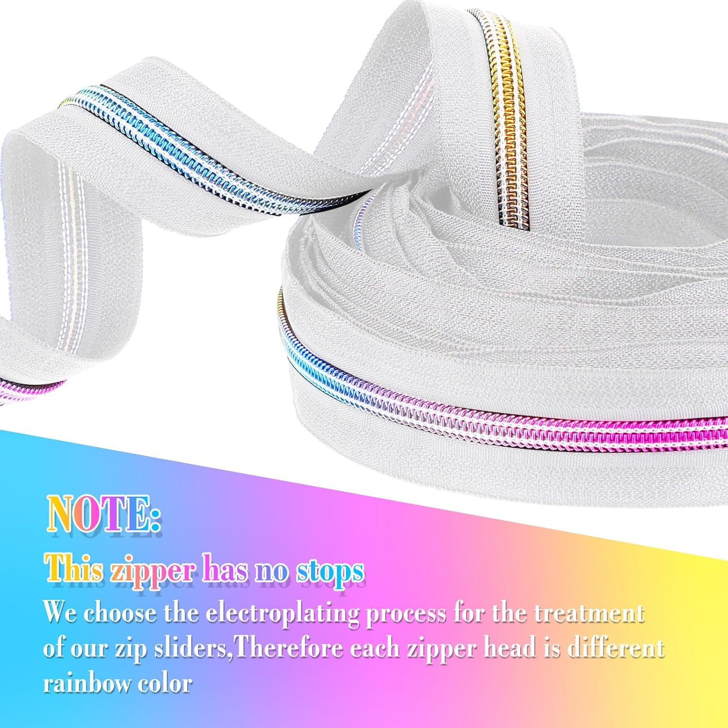 Zeyune #5 Rainbow Zipper Tape by the Yard 10 Yards Rainbow Teeth Nylon Zipper with 20 Pcs Colorful Metal Slider Pulls (10 Styles) for DIY Sewing Tailor Crafts (White) image number 4