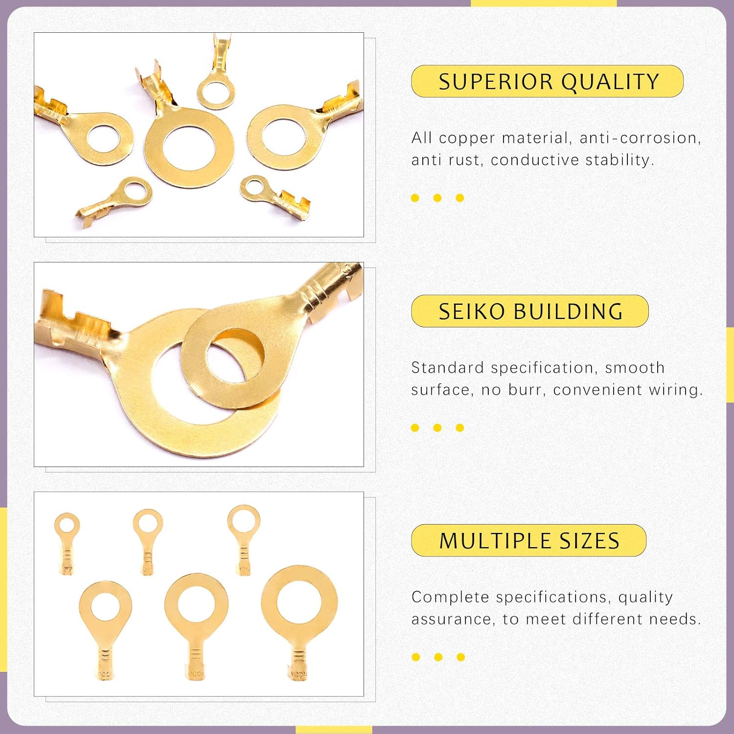 Swpeet 240Pcs Gold M3 M4 M5 M6 M8 M10 Non-Insulated Open Barrel Wire Crimp Copper Terminal Connerctor Kit, O-Type Ring Lugs Crimp Cable Terminal for Crimp Solid Wires or Stranded Wires image number 1