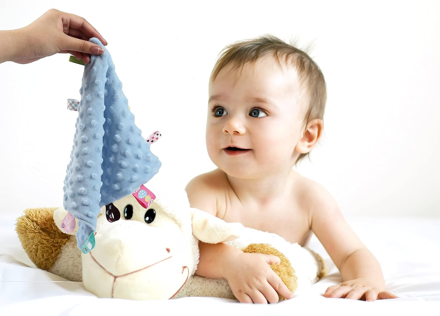 CREVENT Tag Security Blankets for Babies, Soft Small Loveys for Girls, Baby Comforter Sensory Blanket, Great Gifts for Birthday Baby Shower 25X25Cm (Dinosaur+Blue)