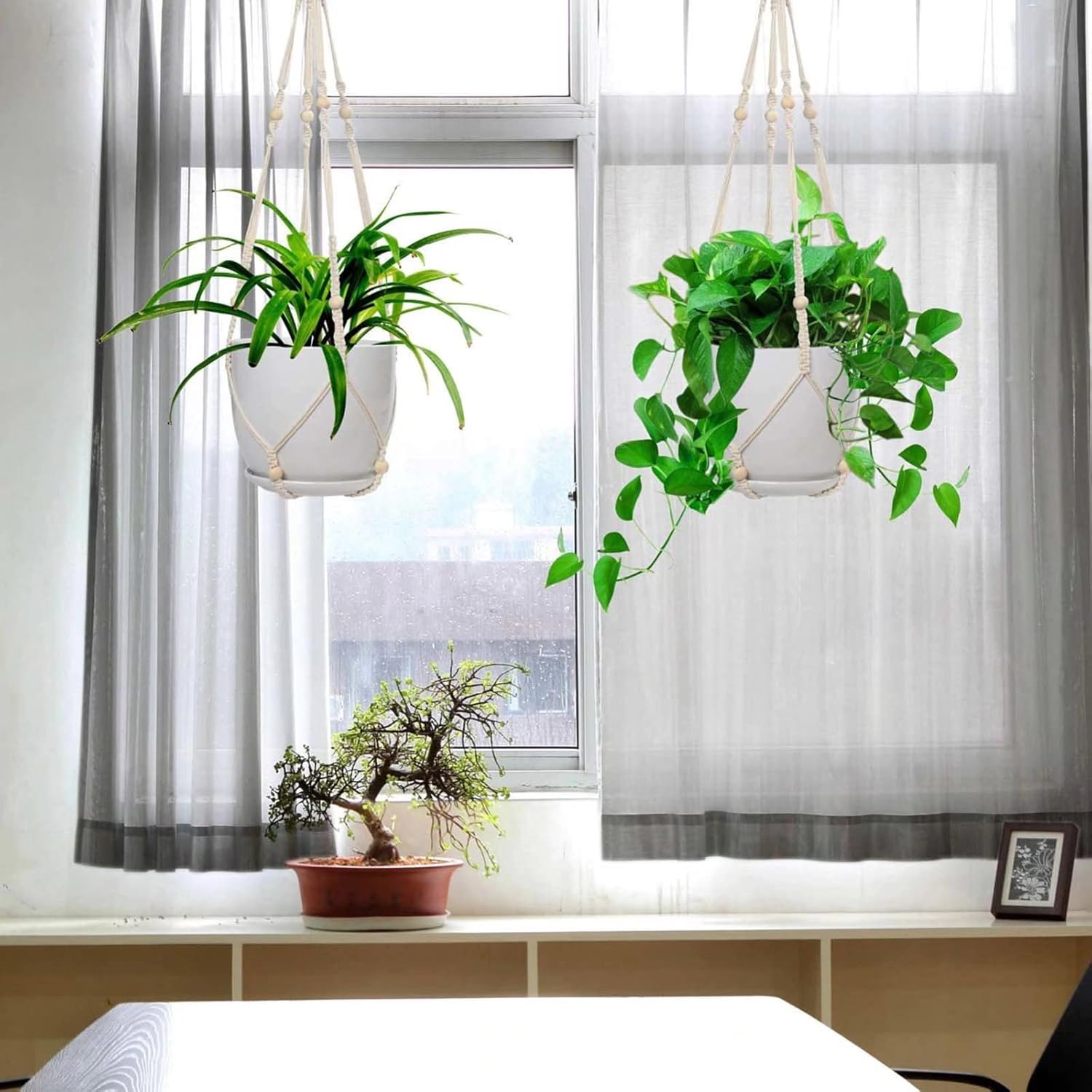 Macrame Plant Hanger Indoor & Outdoor Wall Hanging Planter + 2 Hooks Hanging Planters Basket Cotton Rope 4 Legs 35 Inch Used for Herbs Ferns Ivy Crawling Plants Hanging Planters(Lvory) image number 4