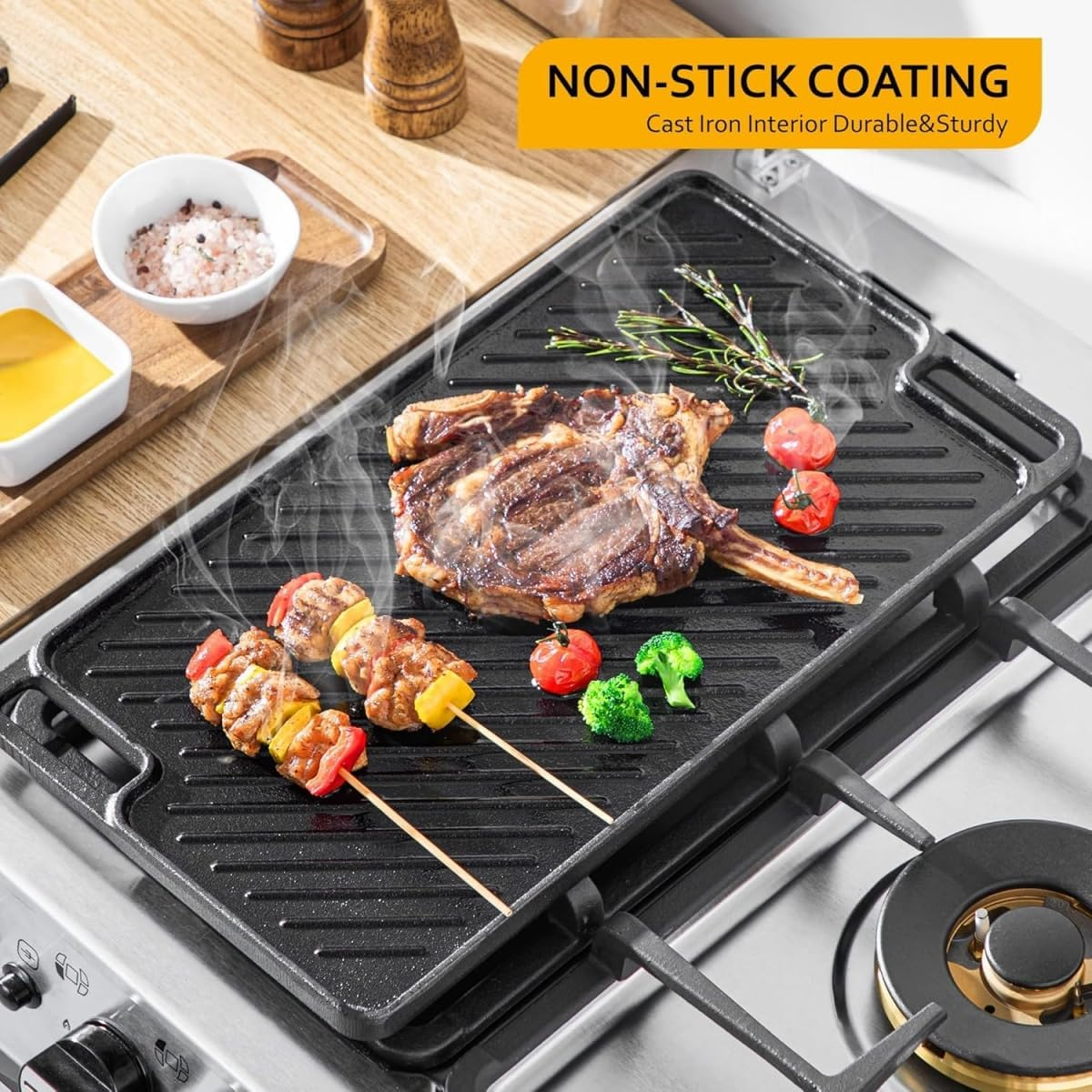 Cast Iron Reversible Grill Plate, Double-Sided Griddle Pan with Tongs & Gloves, Rectangular Grilling Pan for Stove Tops, Gas Grills, Outdoor Cooking, 46&times;25Cm image number 2