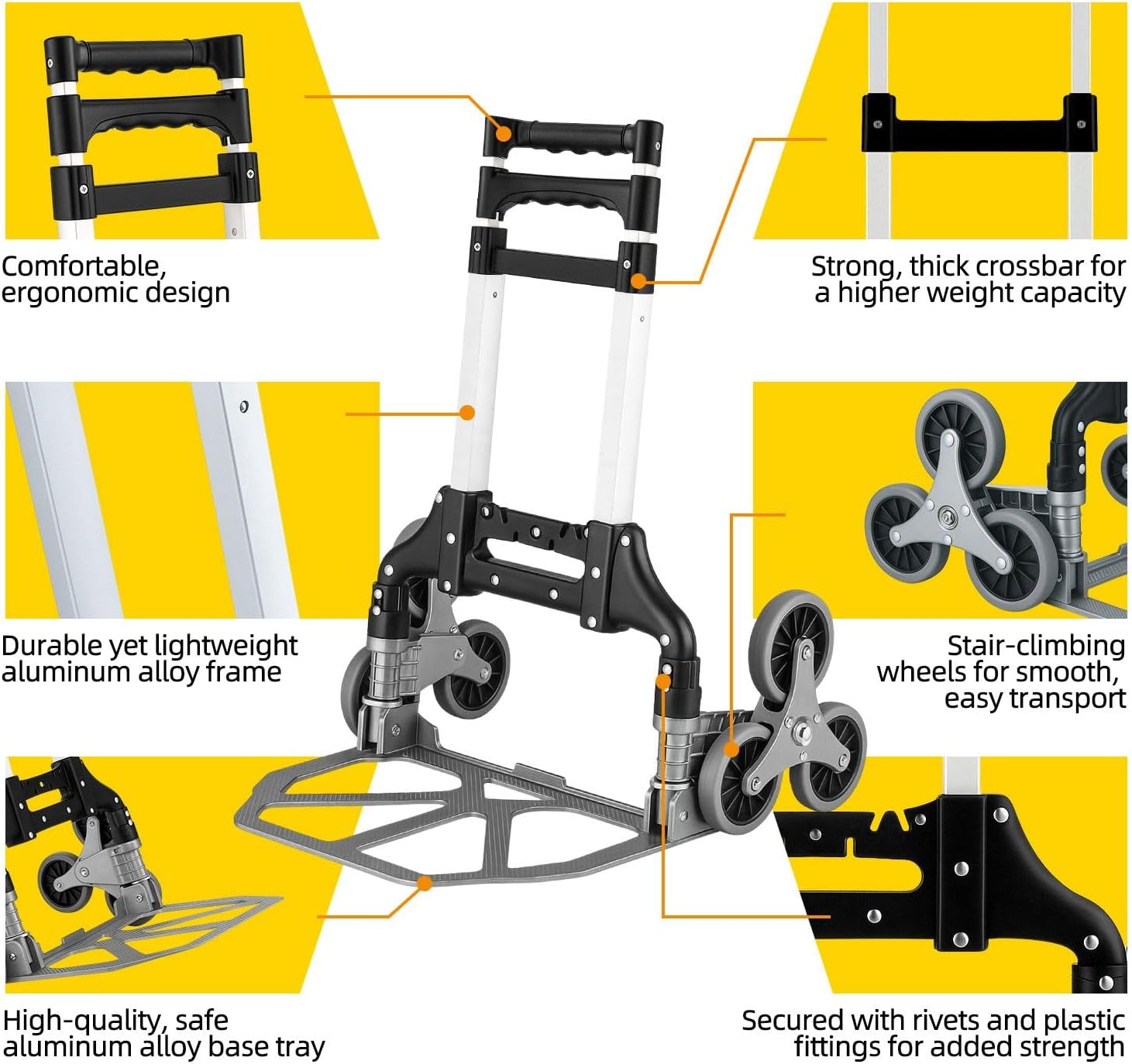 Hand Truck with Stair-Climbing Wheels Foldable Dolly Cart for Stairs Aluminum Utility Cart with Telescopic Handle & Elastic Rope for Luggage, Travel, Shopping 75KG image number 4
