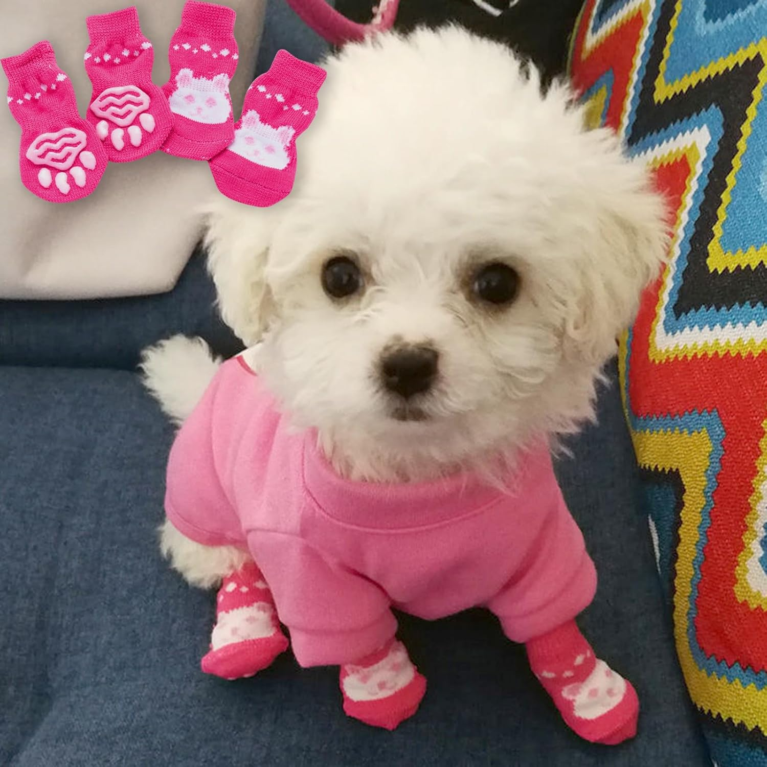 TYXHXTF 16 PCS Anti-Slip Dog Socks with Straps - Pet Paw Protector Shoes for Indoor Outdoor Wear Winter - Suitable for Small Dogs and Cats image number 4