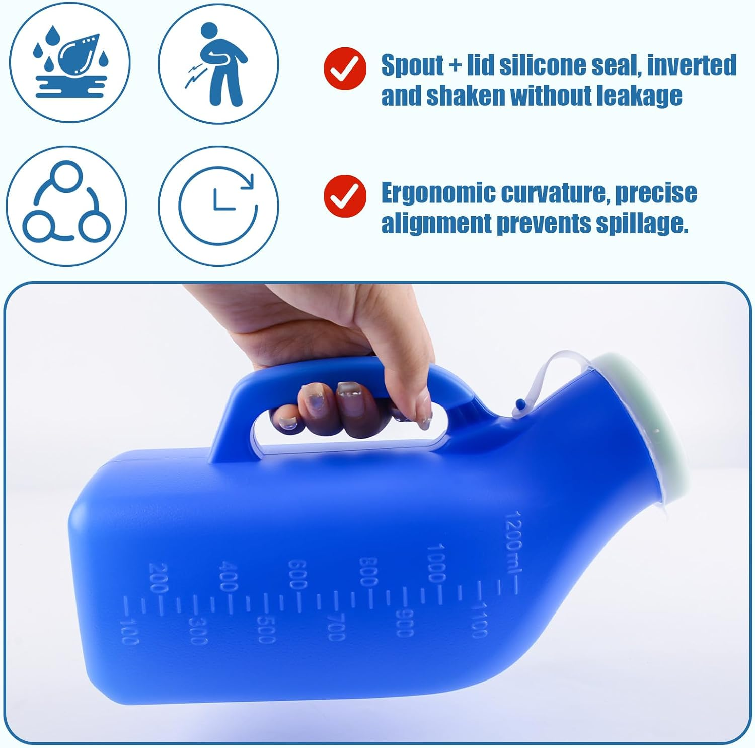 Men'S Portable Urinal with Lid 1200Ml Capacity Plastic Urine Bottle with Clear Scale for Elderly Car Use Convenient Hygienic No Spill Lightweight Handle Non Odor anti Slip Urinals for Men image number 5