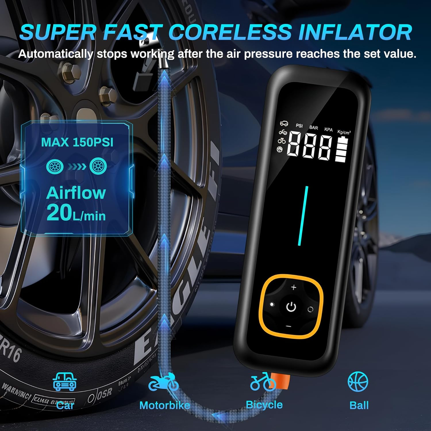 Advwin Portable Tire Inflator, Air Compressor 150PSI, Cordless Car Air Pump with LCD Digital Pressure Gauge, Electric Tire Pump Automatic Stop, for Cars Motorcycles Bike Ball image number 3