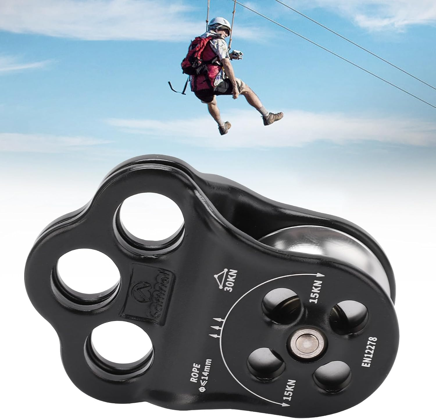 30KN Climber Pulley with Anodized Coloring for Arborist Tree Climbing, Rigging, Hauling & Mountaineering, Sturdy Black Pulley for Expansion image number 1
