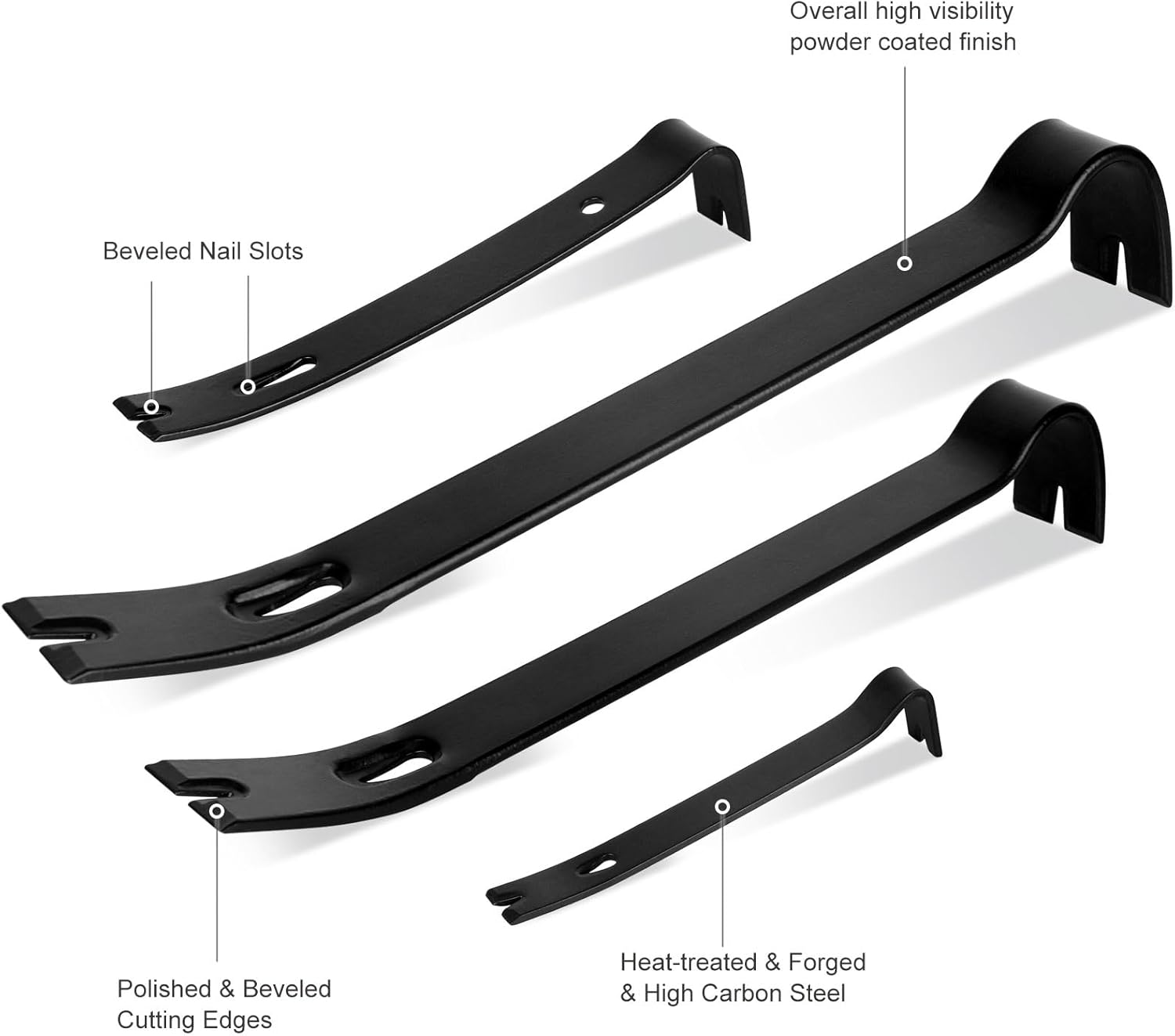 WOTAHI 4-Piece Flat Pry Bar Set - 15",12",7",5.25" Heavy Duty Nail Puller, Utility Claw Bar, Wonder Bar, Crowbar, Mini Pry Bar, High Carbon Steel Forged Nail,Baseboard and Trim Removal Tool Kit image number 2