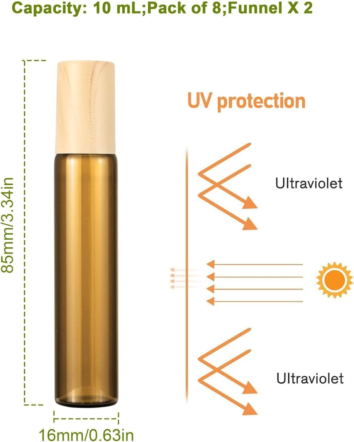 10Ml(1/3 Oz) Amber Glass Roll on Bottles, 8 Pack Leak Proof Refillable Roller Bottles for Essential Oils, Perfume, DIY Craft, Samples, Eye Roller, Travel Portable image number 3