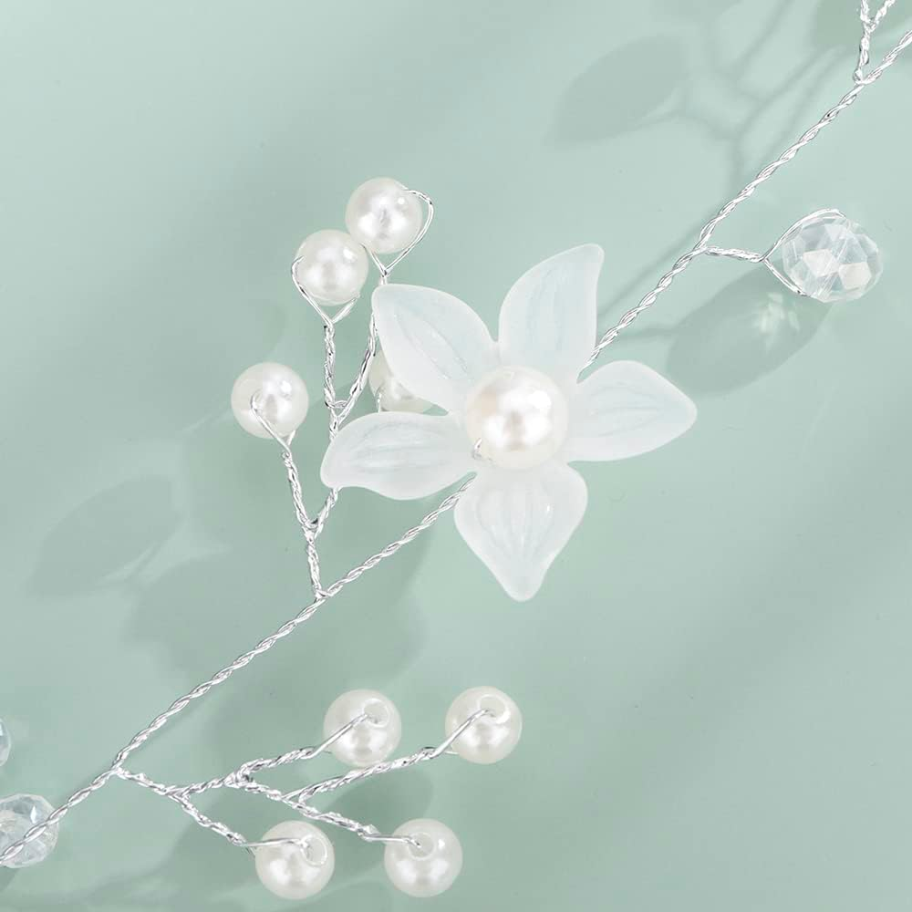 Teyglen Bride Wedding Flower Pearls Long Hair Vine Silver Rhinestone Crystal Beads Hair Vine Headband Handmade Bridal Headpieces Hair Pieces Wedding Hair Accessories Hair Jewelry for Women Girls image number 3