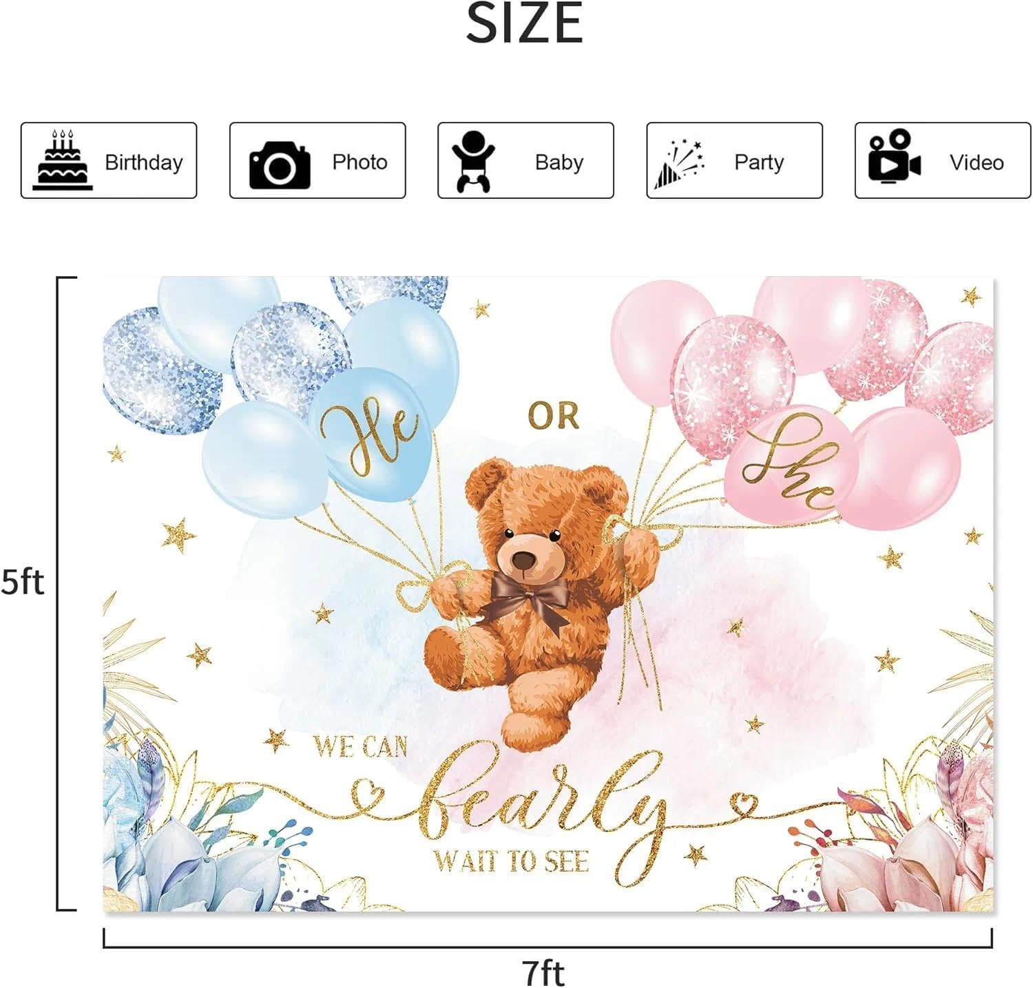 Bear Gender Reveal Backdrop Decorations for Baby Shower Party Photography Background with Floral Pattern and Gold Foil Confetti - Auroly image number 4