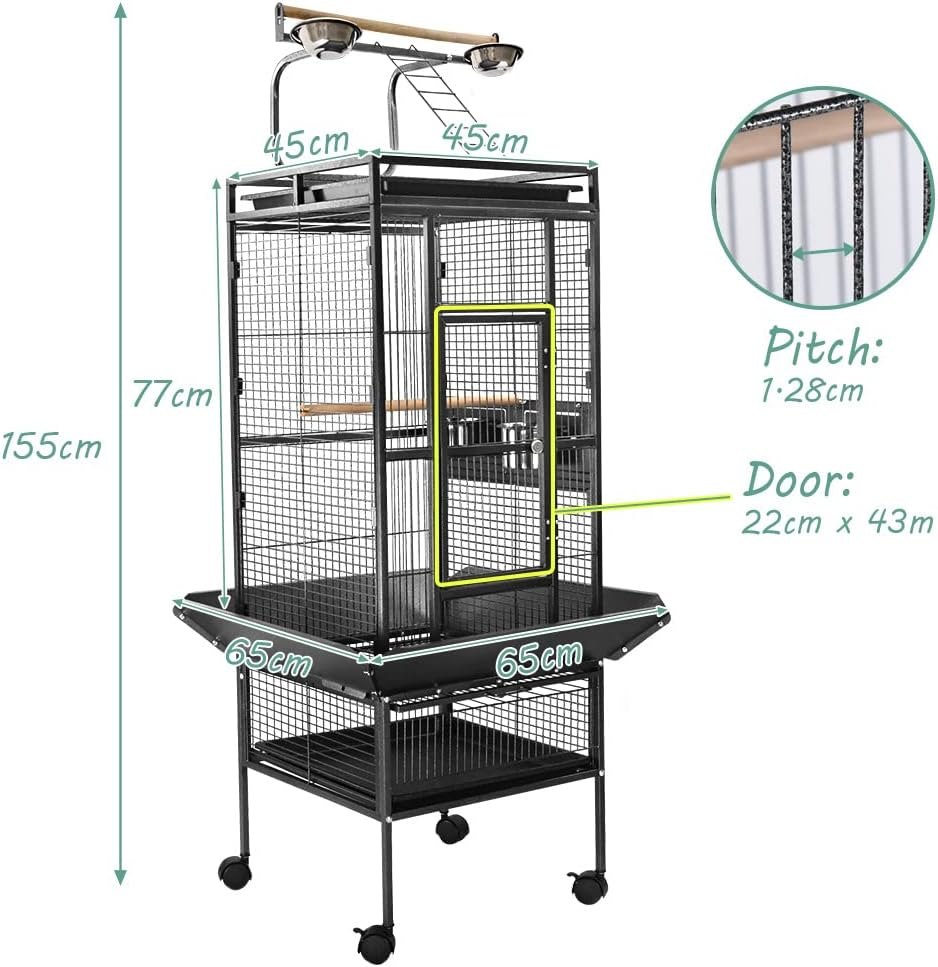 Taily Bird Cage Stand-Alone Aviary 155Cm Large Bird Cages Travel Stand Budgie Parrot Birdcage with Removable Tray Black image number 4