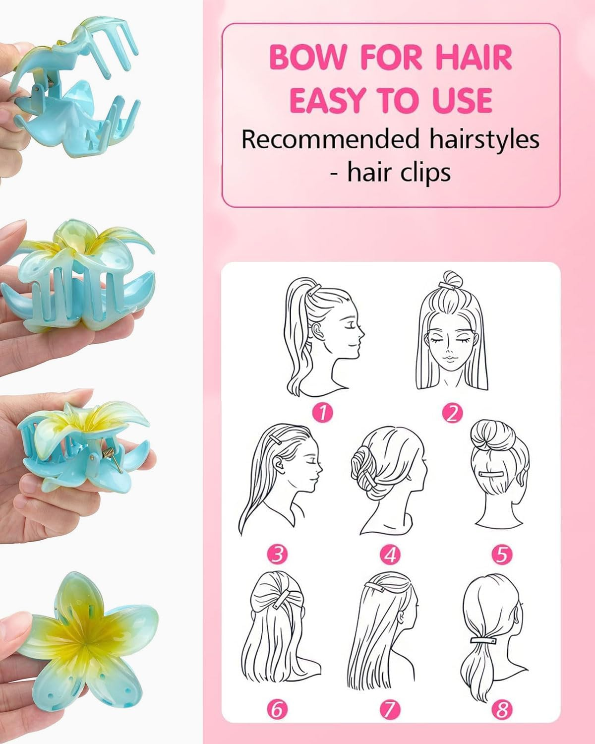 FUGLUS Pack of 8 Flower Hair Clips, Colourful Flower Hair Pins for Women, Hawaiian Hair Clip, Hair Accessories, Non-Slip Plastic Hair Clips, Gifts for Girls and Women
