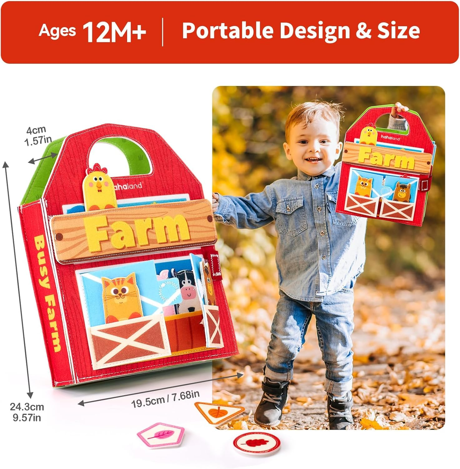 Farm Animals Quiet Busy Board Montessori Toys for Toddlers 1-3, Educational Felt Activity Book Develops Fine Motor Skills, Travel Learning Toy for Airplane Car, Boys & Girls image number 2