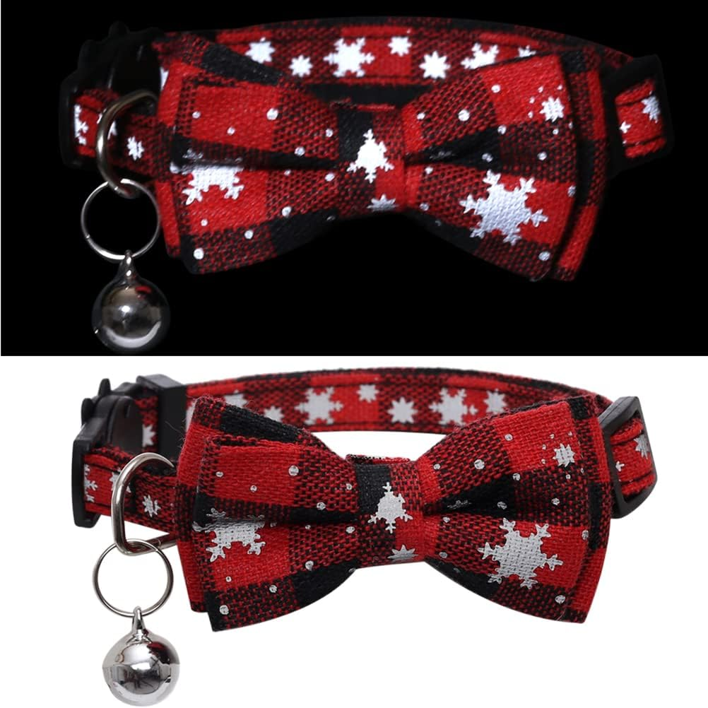 2 Pack/Set Cat Collar Reflective Breakaway with Cute Bow Tie and Bell Plaid for Kitty Adjustable Safety image number 3