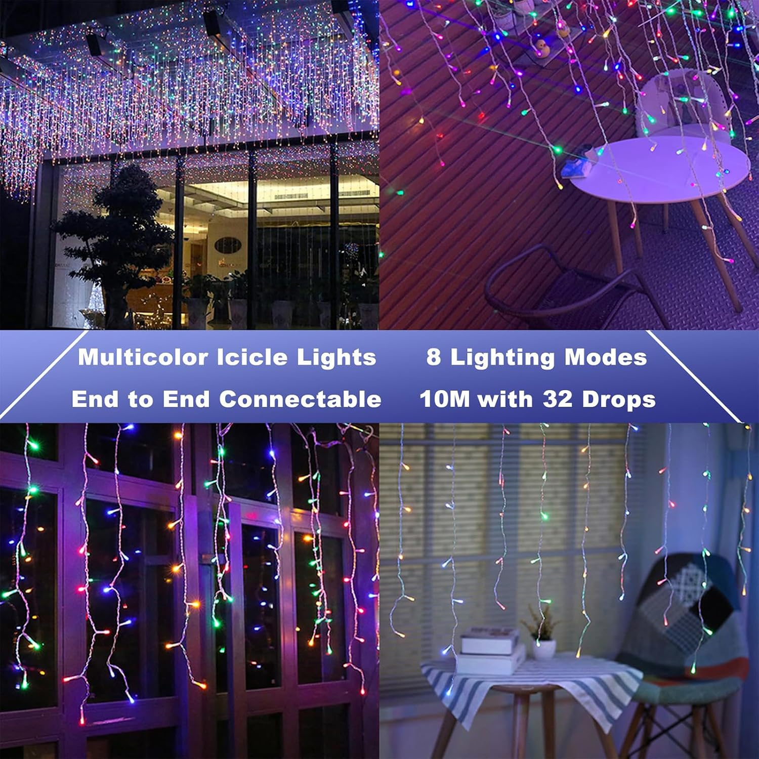 Solar Christmas Icicle Lights Outdoor Decorations, 8 Modes Waterproof Icicle Fairy Lights for outside Holiday, Patio, Balcony, Christmas, Window, House Eaves Decorations, (10M Multicolor)