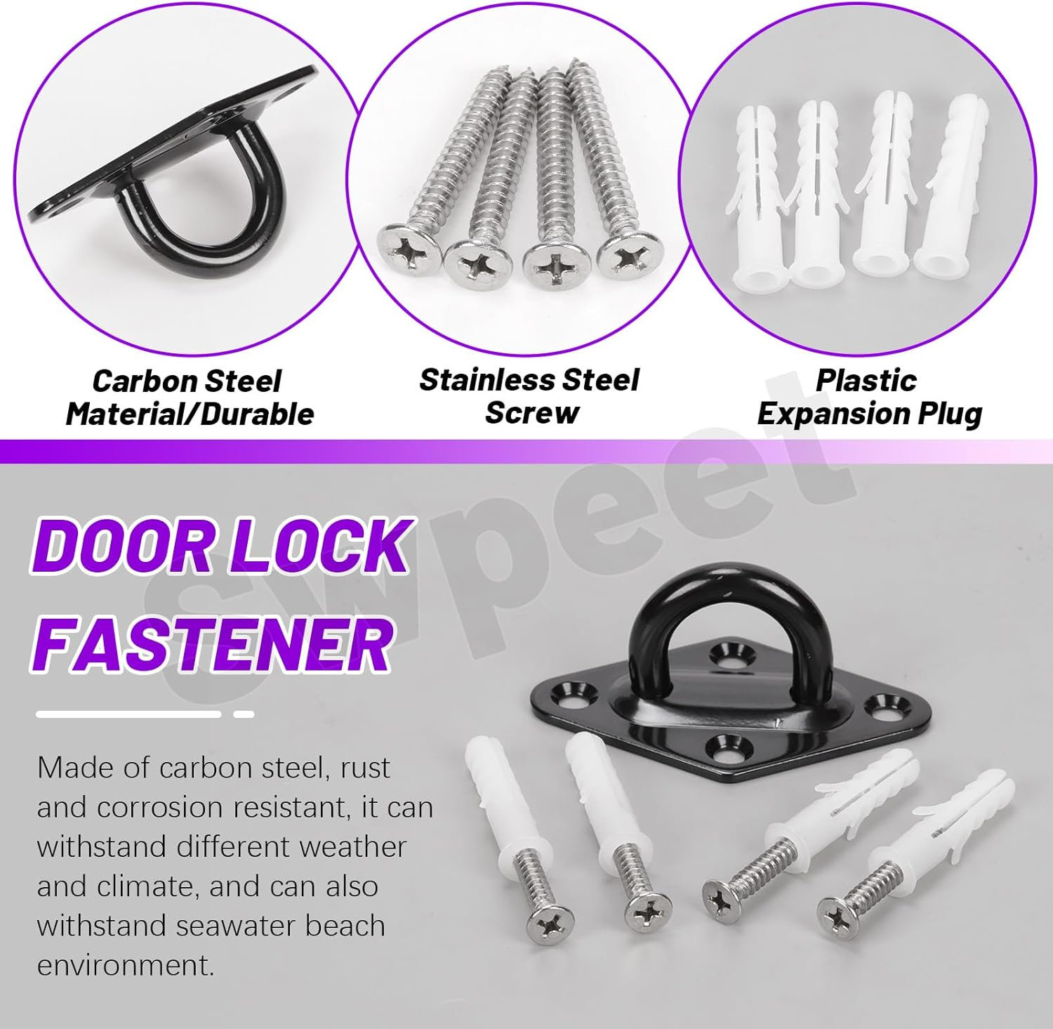 Swpeet 4Pcs M8 304 Stainless Steel Black Rhombus Pad Eye Plate Hook with Screws and Plastic Anchors Assortment Kit, Marine Hardware Hooks Ceiling U Hook Staple Ring Hook for Securing Hanging