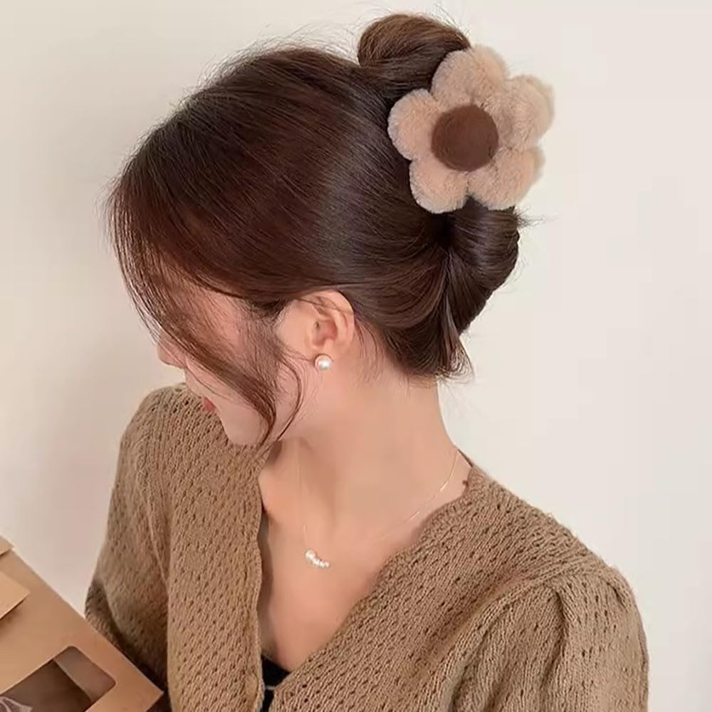 Set of 6 Cute Plush Flower Hair Clips Set, Colour Flower Hair Clips Cute Kawaii Flower Hair Clip Vintage Elegant Plush Floral Claw Clip Flowers Hair Clips for Women Girls Hair Accessories image number 3