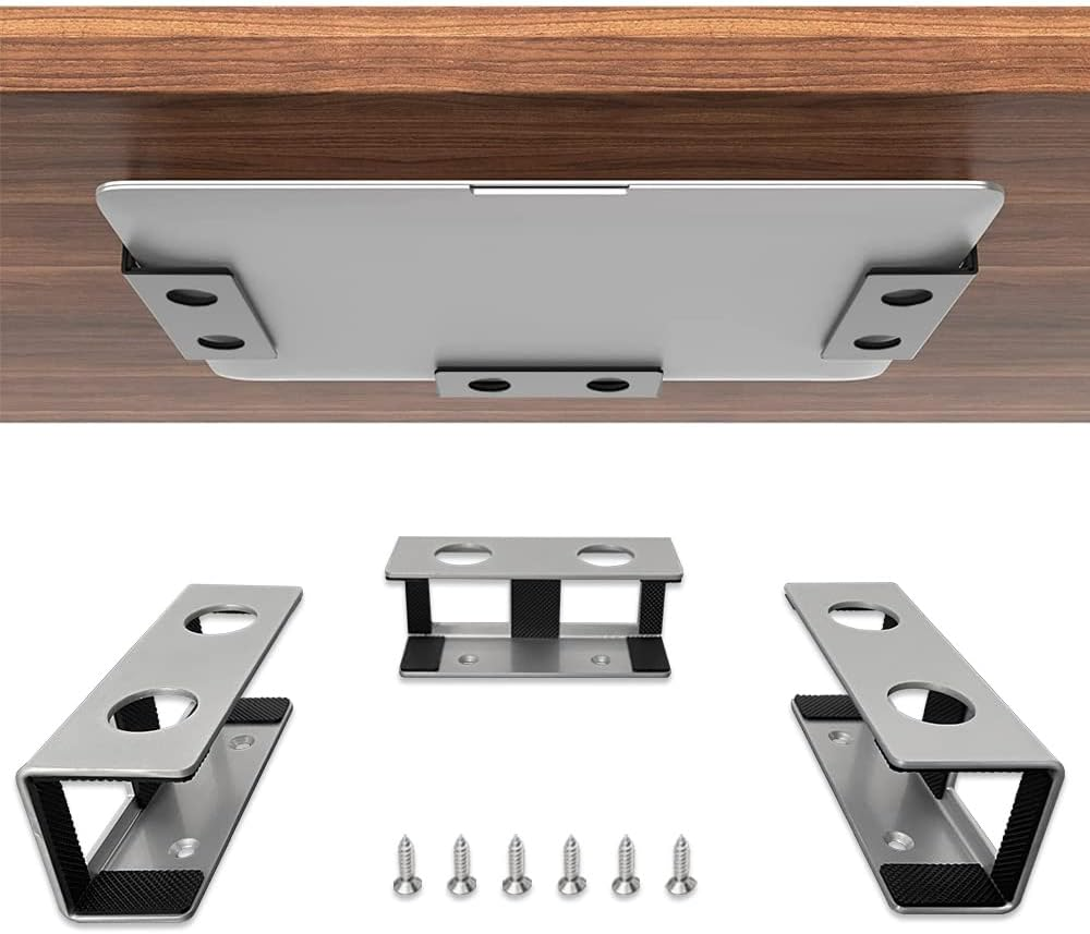 Under Desk Laptop Mount, JEMACHE Aluminium under Desk Shelf Holder for Laptop, Mac Mini, Macbook with Anti-Scratch Silicone (Silver)