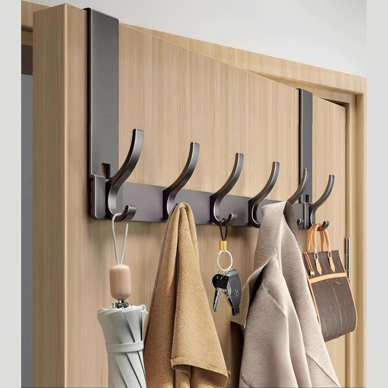 Over the Door Hook Hanger with 6 Double Coat Hooks over the Door, over the Door Towel Rack, Towel Rack behind Bathroom Bedroom Closet Door for Hanging Clothes, Towels, Hats, Etc. (Matte Gray)