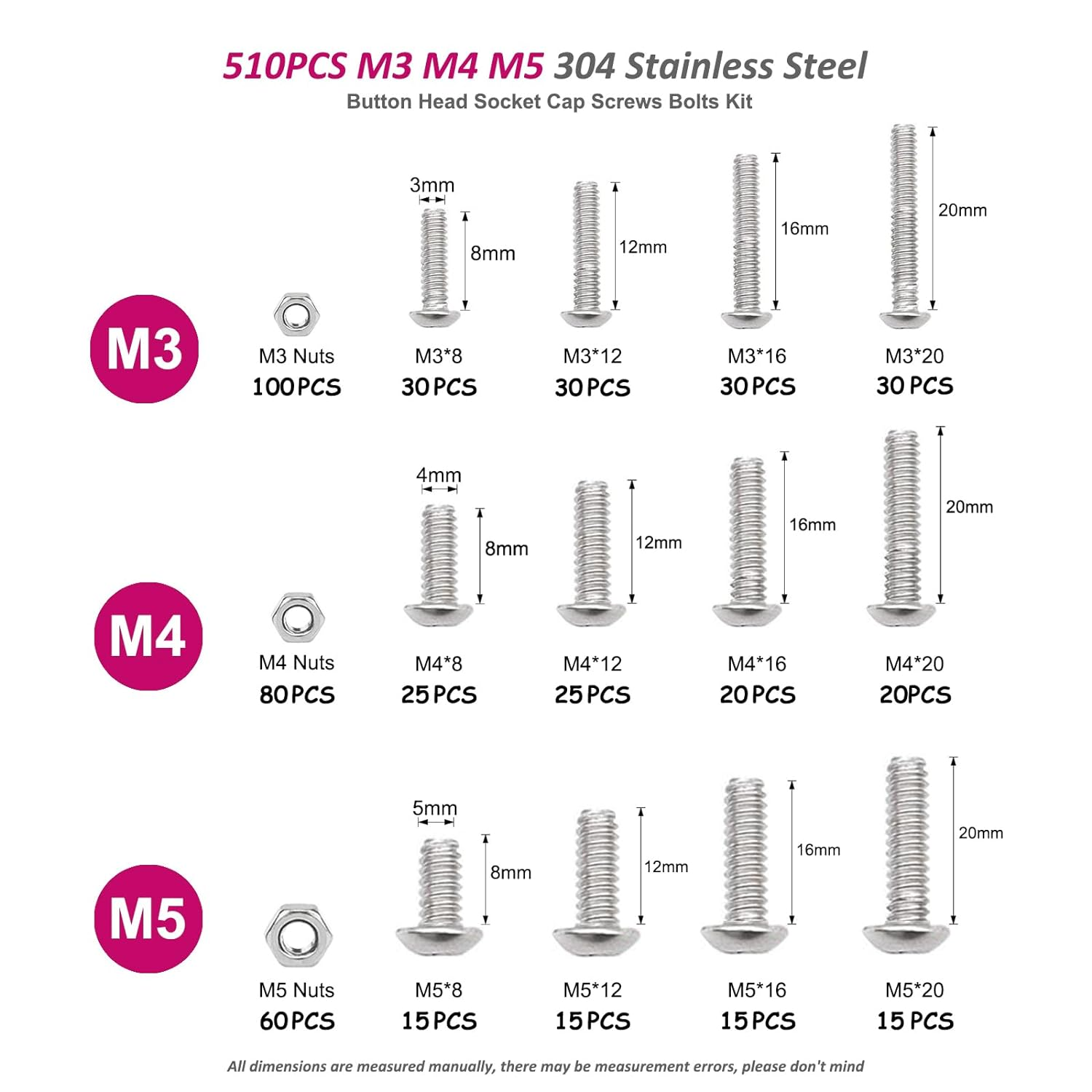 Fullfun 510PCS M3 M4 M5 Button Head Socket Cap Screw Bolts Nuts Assortment Kit, 304 Stainless Steel Metric Screws with 3PCS Allen Wrenches, Allen Socket Hex Drive Machine Screws Set image number 6