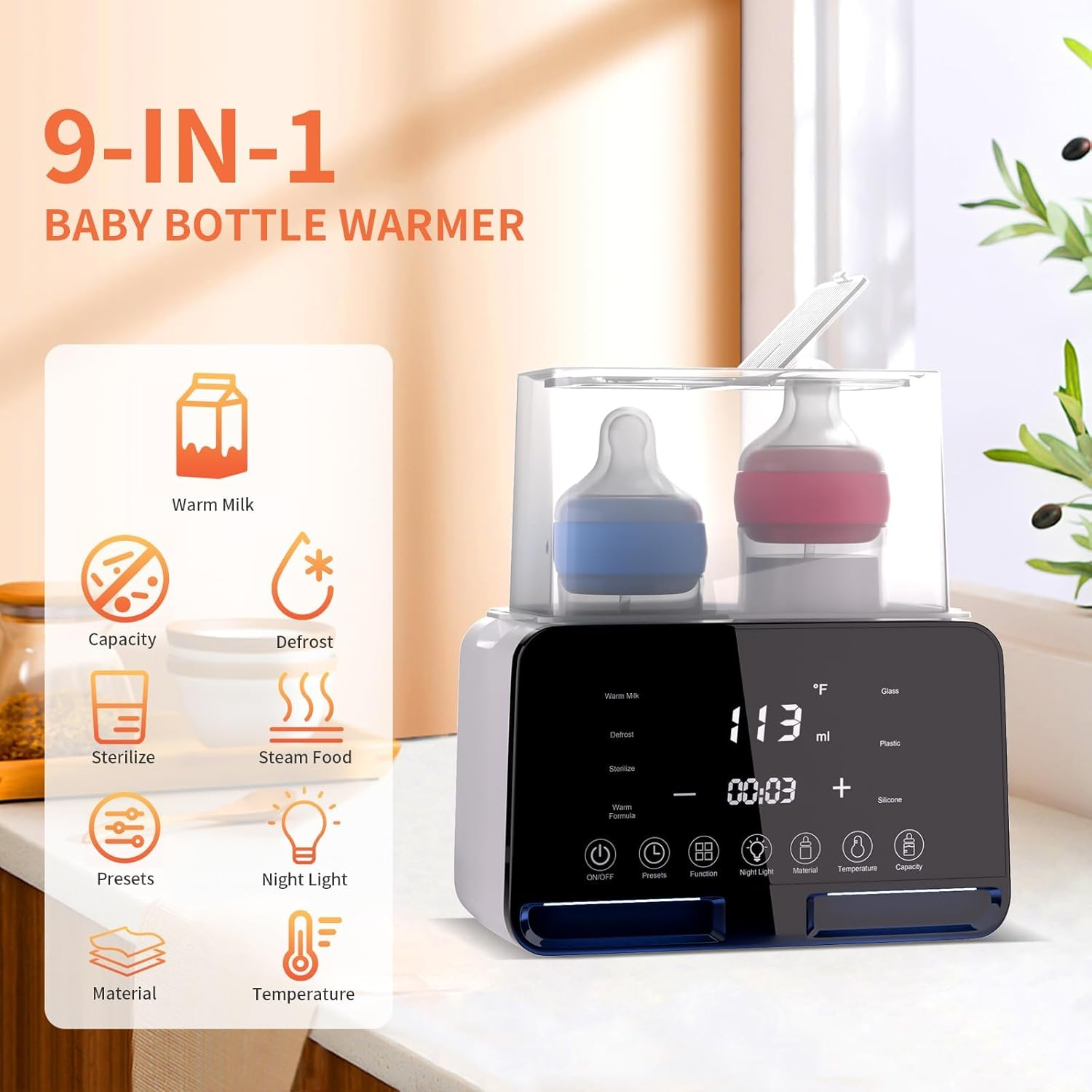 Bottle Warmer,9-In-1Baby Bottle Warmer for Breastmilk with Timer,Universal Bottle,Rapid Heating，Accurate Temperature Control ，Sterilize，Led Displays and Night Lights image number 3