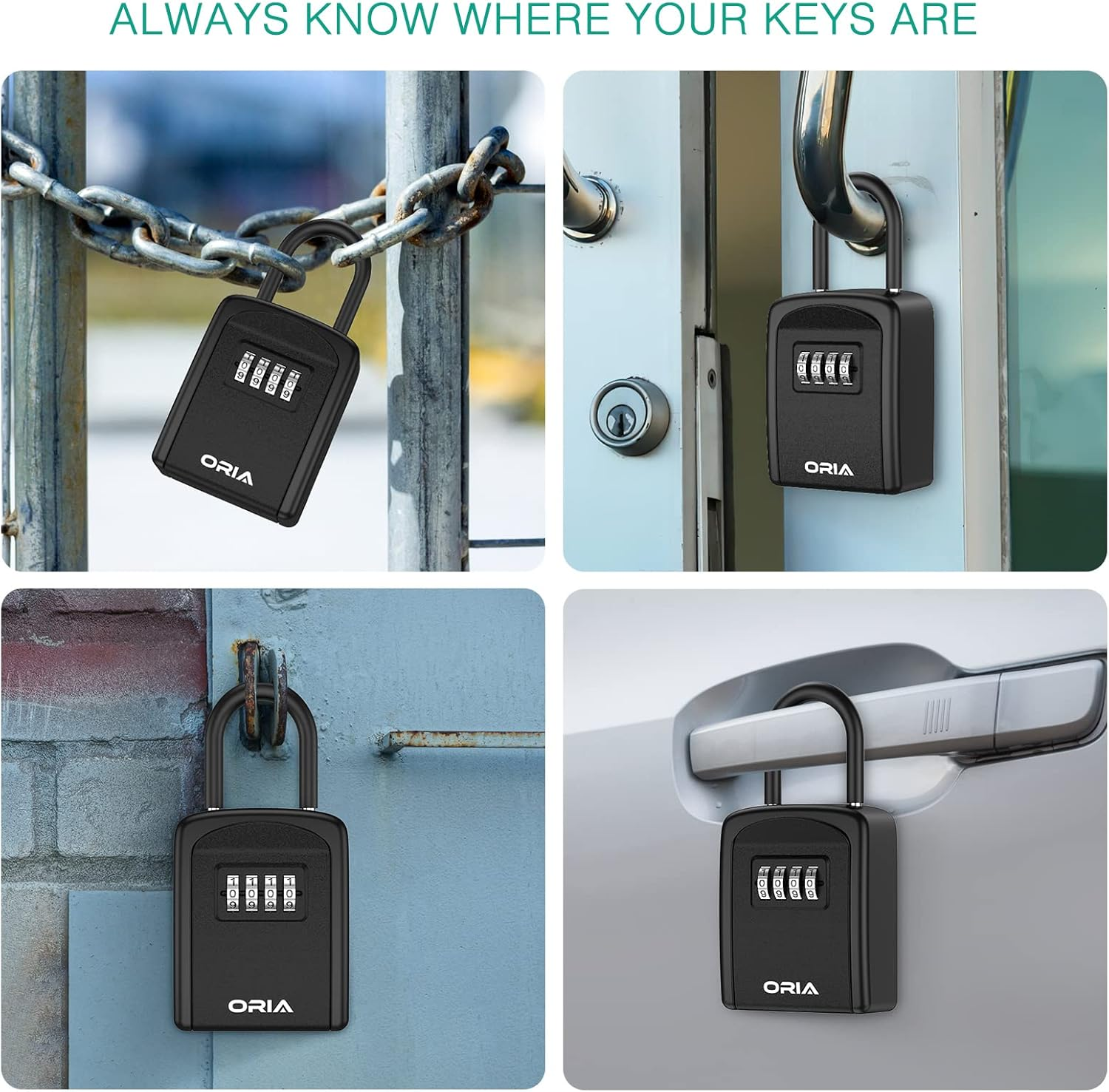 ORIA Key Lock Box, Key Safe Lock Box with Removable Shackle, 4-Digit Combination Lock Box, Resettable Code Key Storage, Weatherproof Lockbox for Home, Office, Garage, Indoor & Outdoor &ndash;Black image number 4