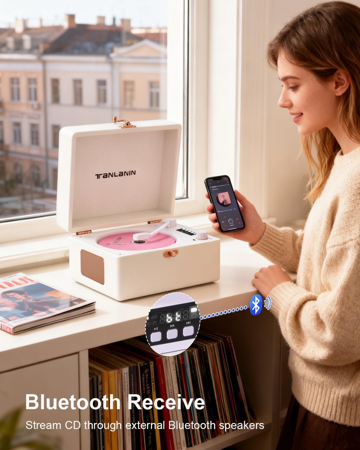 Vintage Desktop CD Player with Speakers, Rechargeable Battery, Portable Retro Suitcase CD Player for Home with Bluetooth Out & Input, USB Playback, Aux-In, Headphone Jack, White