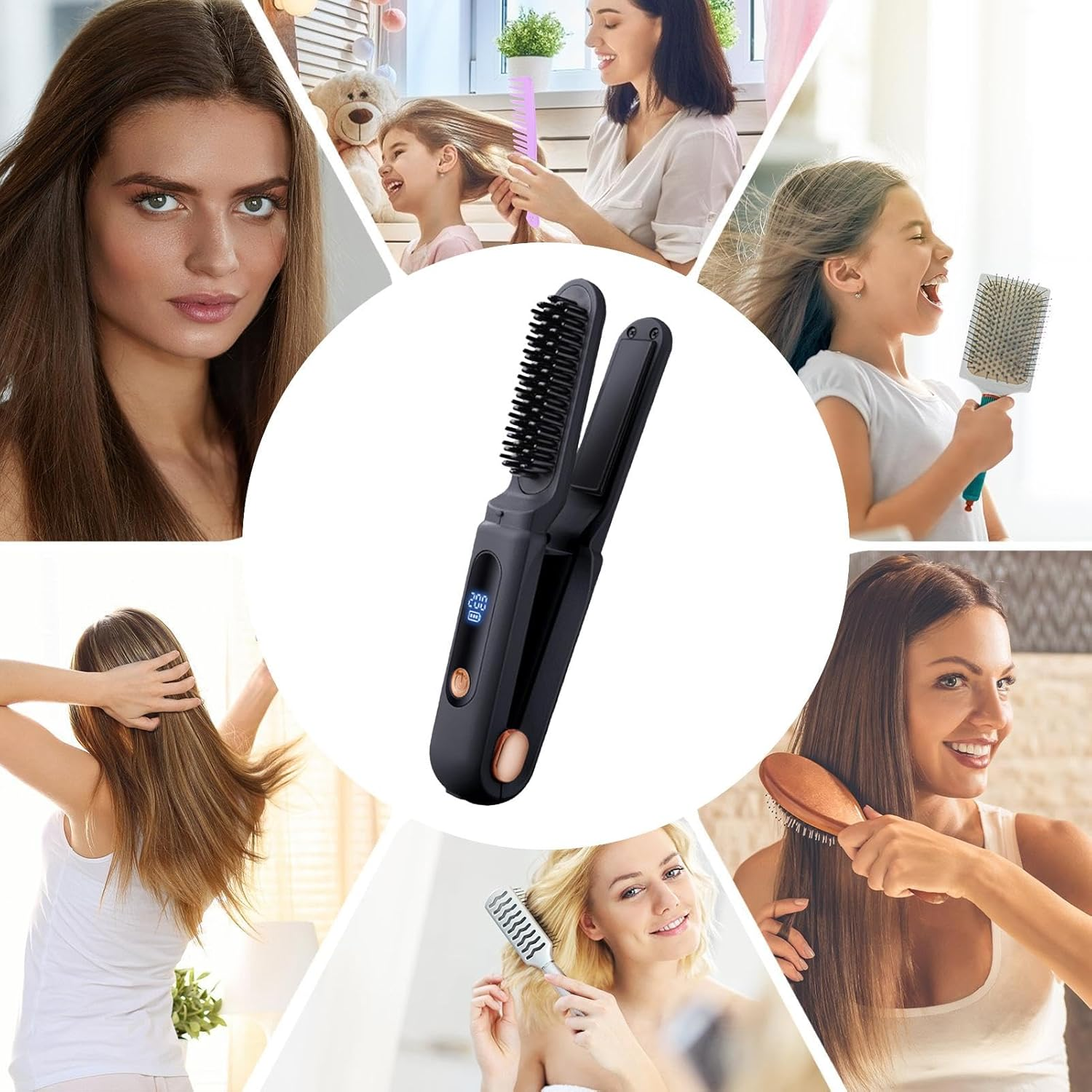 Hair Straightener Brush Cordless | Travel Flat Iron for Hair | Portable Straightening Brush for Women, Negative Ion Straightener Comb, 2-In-1 Curling Iron Brush image number 2