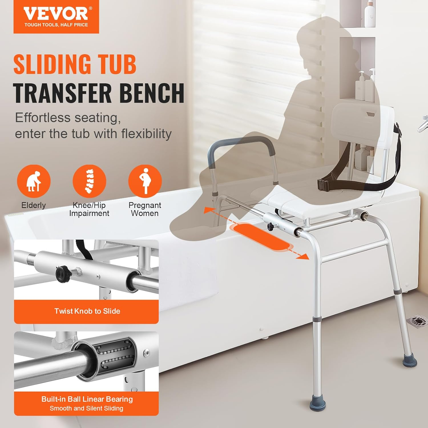VEVOR Sliding Tub Transfer Bench, Height Adjustable Bathtub Transfer Bench with Cut-Out Seat, Reversible Backrest & Safety Belt, Non-Slip Shower Chair for Elderly Disabled Handicap, 400LBS Capacity image number 3