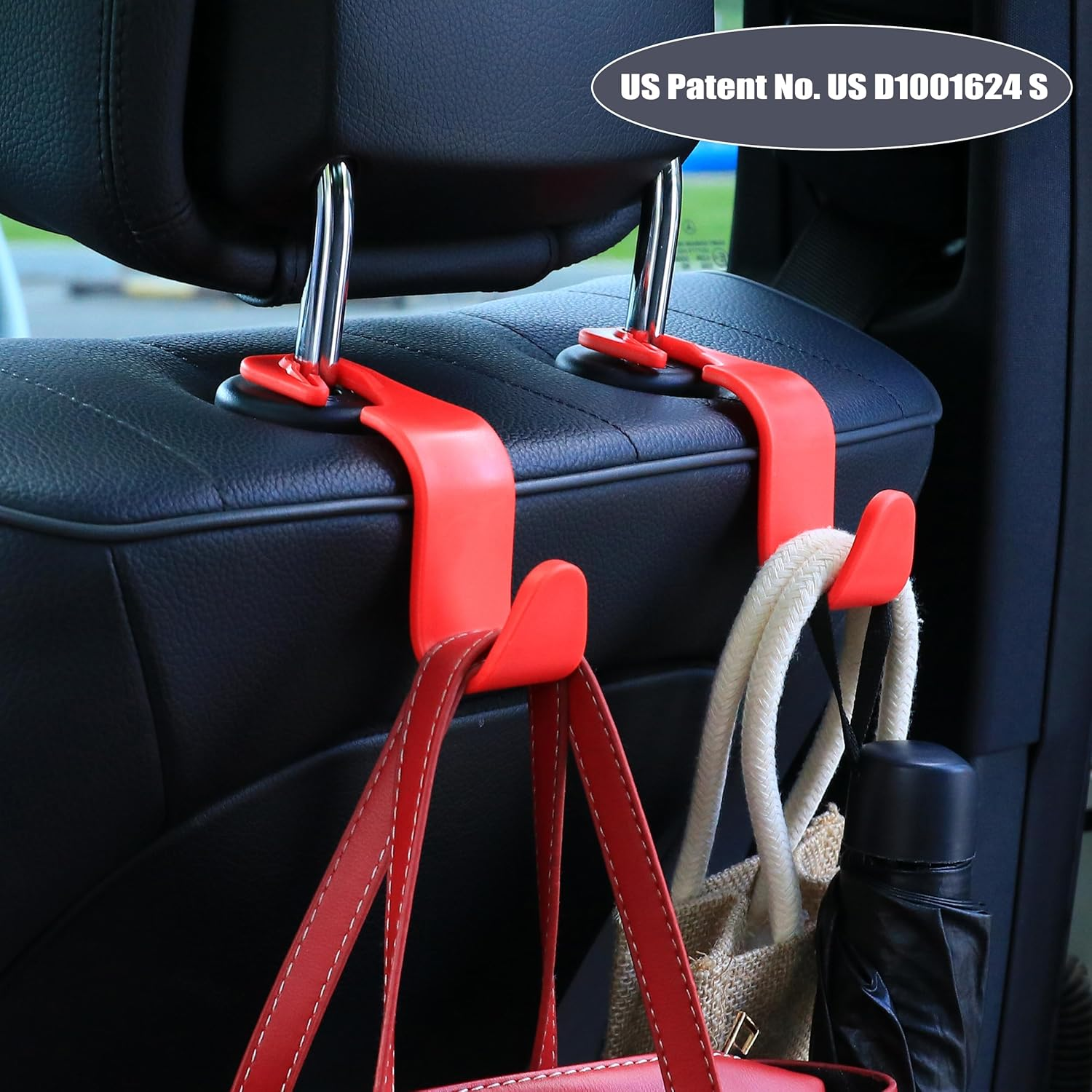 Amooca Car Seat Headrest Hook 4 Pack Hanger Storage Organizer Universal for Handbag Purse Coat Universal Fit Vehicle Car Red with Clip image number 2