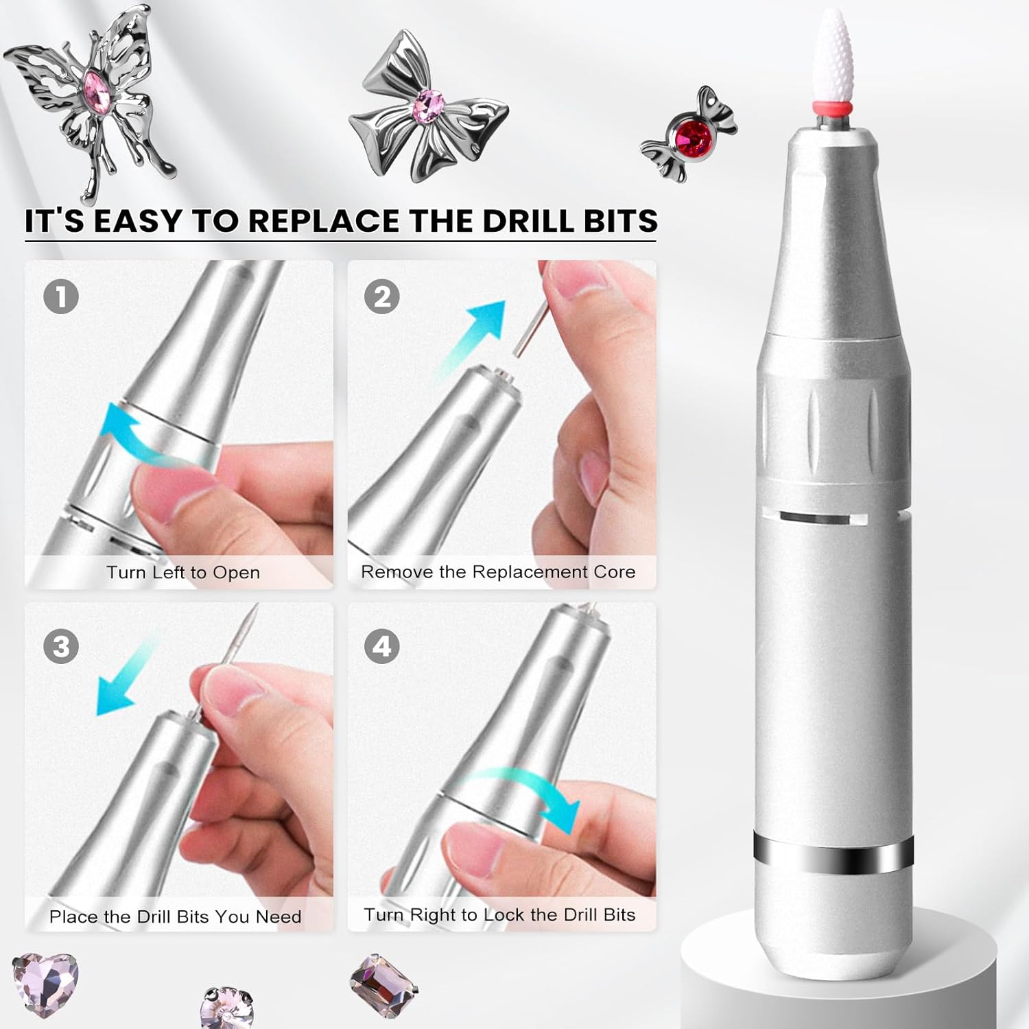 Welan Electric Nail Drill, Cordless Nail Drill Professional Machine, 35000 RPM Electric Nail Efile for Acrylic & Gel Removal, Rechargeable Portable Manicure Pedicure Tool with 12 Bits and Decorations image number 5