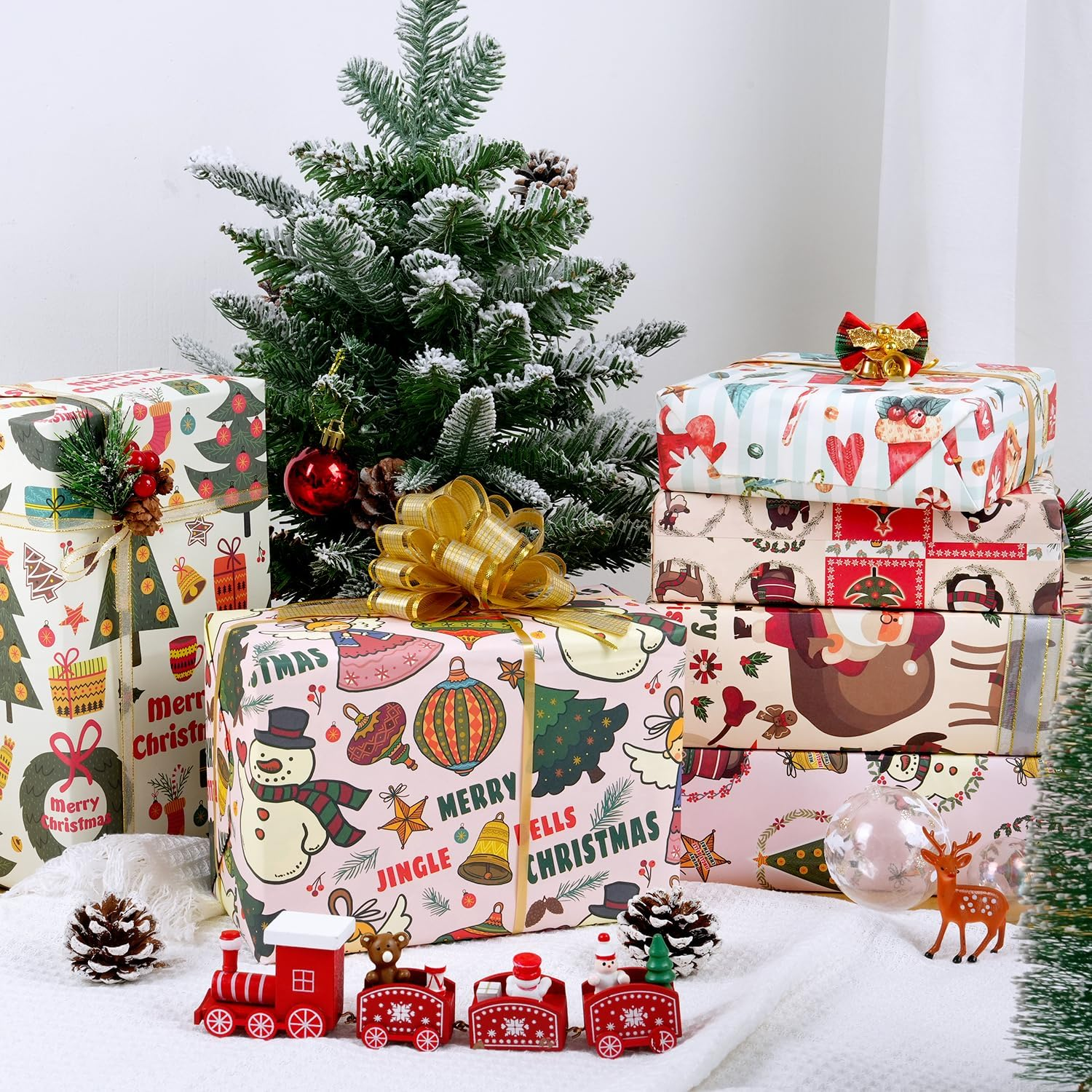 MAMUNU Christmas Wrapping Paper Sheets, Cute Pink Xmas Kraft Gift Wrapping Paper for Kids Girls Women, Assorted 6 Designs Classic Wrap Paper Set for Christmas New Year Holiday, 20 &times; 28 Inch - Brown And Red image number 4