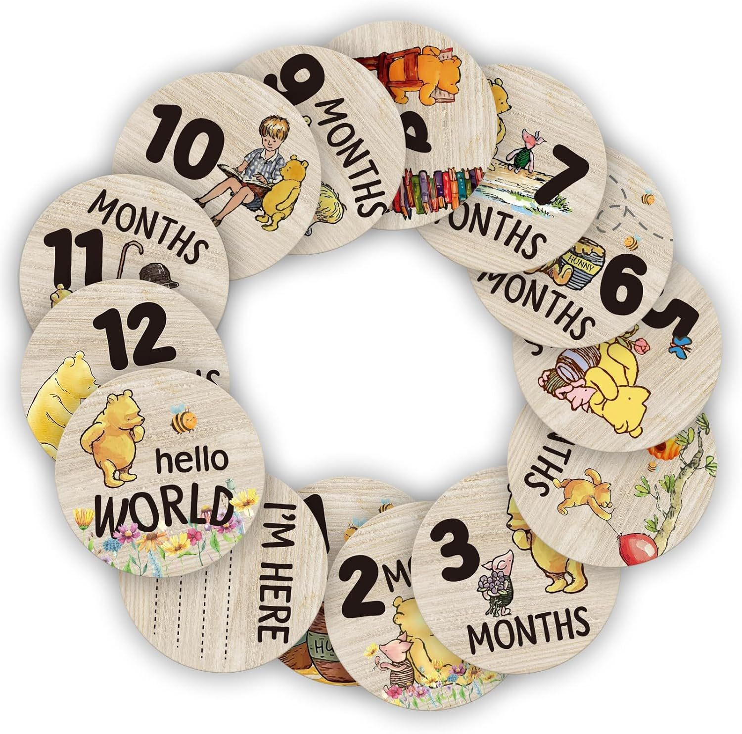 The Winnie Baby Bear Month Milestone Circles, Wooden Discs Stuff for Baby Photo Takens with Hello World Name Signs - 7Pcs Double Sided Signs for Documenting Growth image number 6