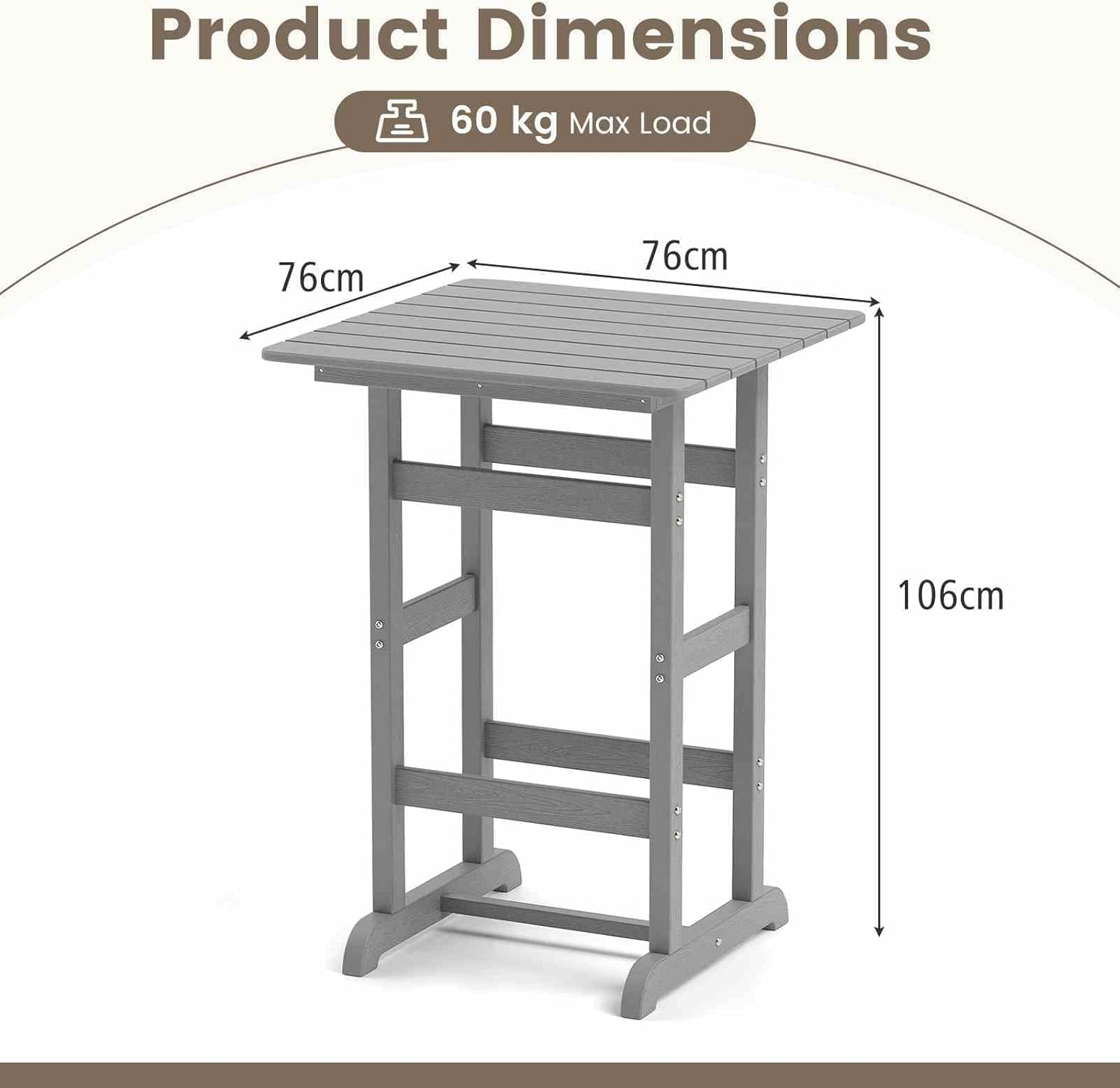 Costway 76Cm X 76Cm Square Bar Table, Patio HDPE Bar Height Dining Table W/Slatted Tabletop, Outdoor All-Weather High-Top Bistro Table for Poolside, Backyard, Balcony (Gray) - Black image number 7