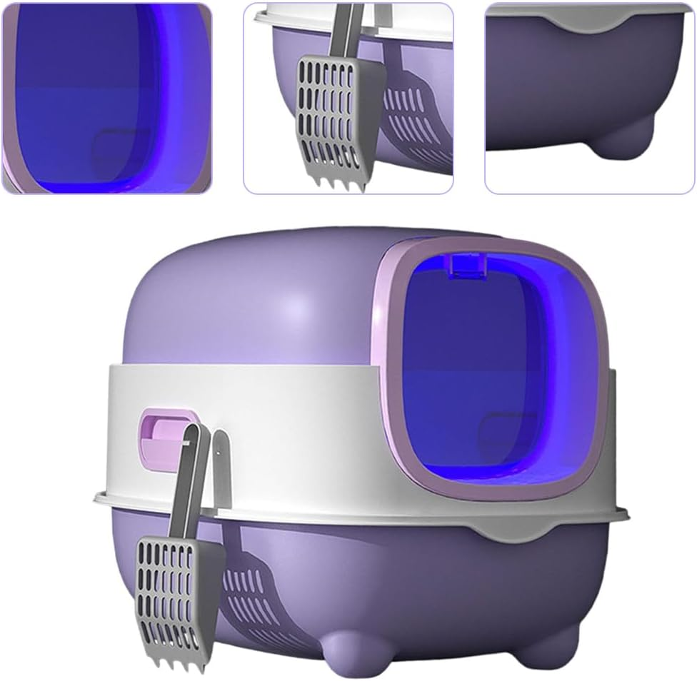 Cat Litter Box with Lid and Scoop UV Sterilization and Deodorization, Easy to Clean and Splash-Proof Detachable Cat Litter Tray with Hood for Medium and Small Cats 55X38X36Cm (Purple) image number 2