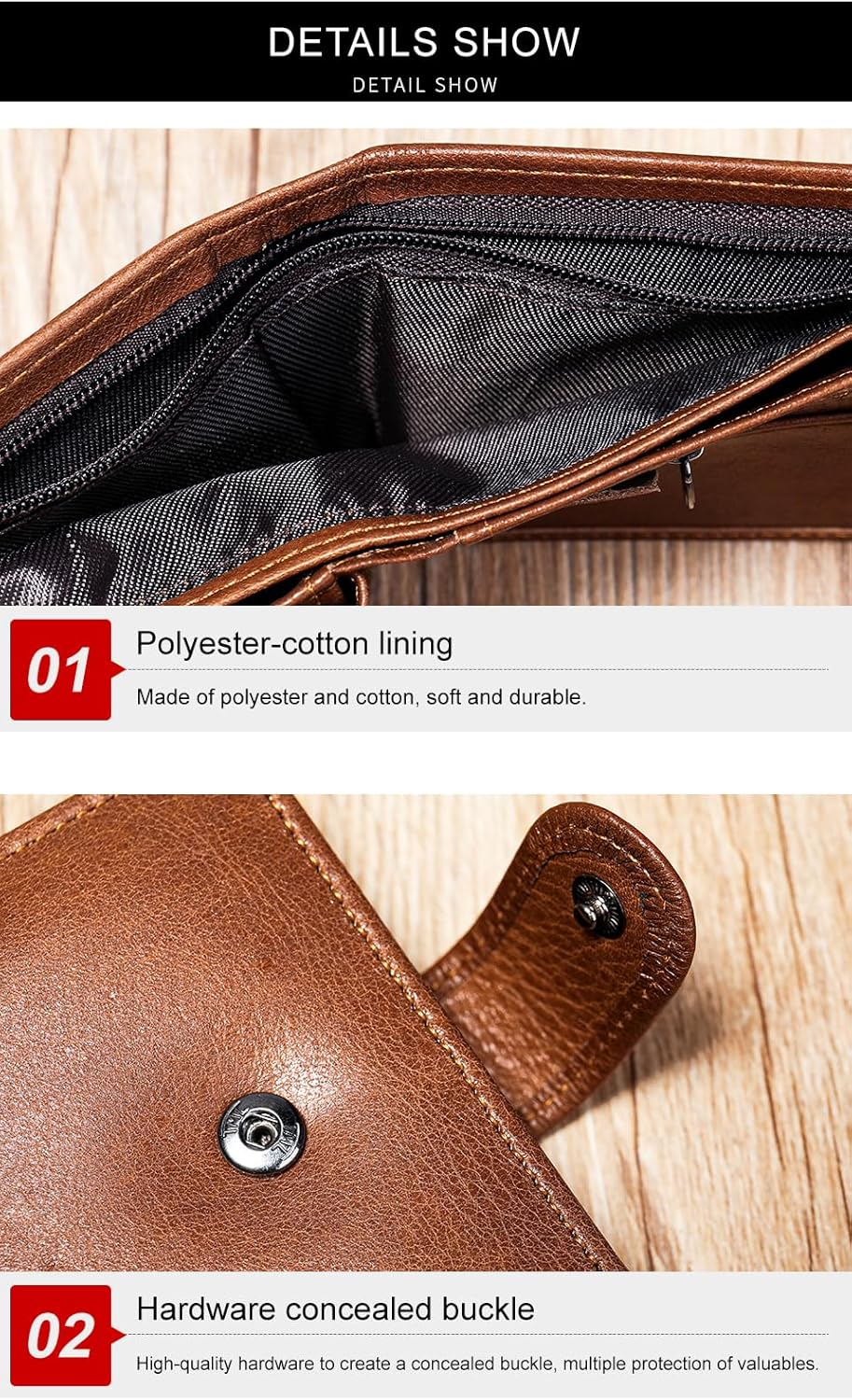 Men'S Genuine Leather Bifold Wallet - Vintage Zipper ID Window Design | 6 Card Slots + 4 Cash Pockets + 2 Photo Holders | RFID Protection & Zippered Coin Compartment (Black) - Brown image number 2